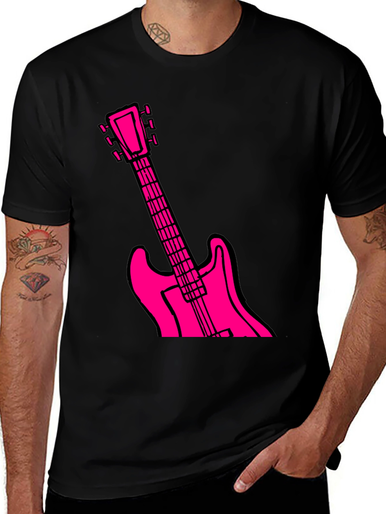 Black T-Shirt with Pink Guitar Graphic