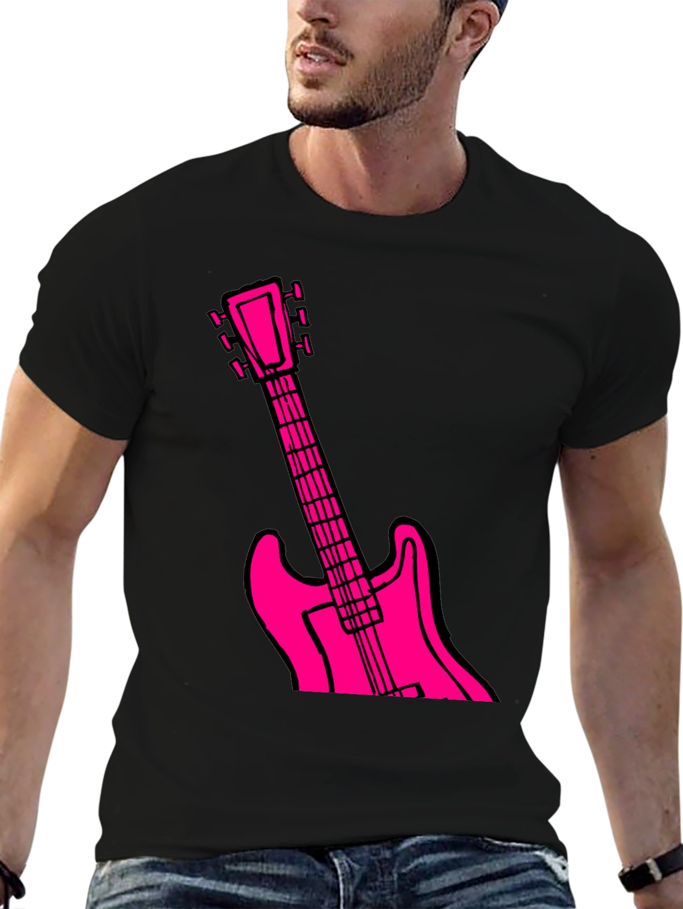Black T-Shirt with Pink Guitar Graphic