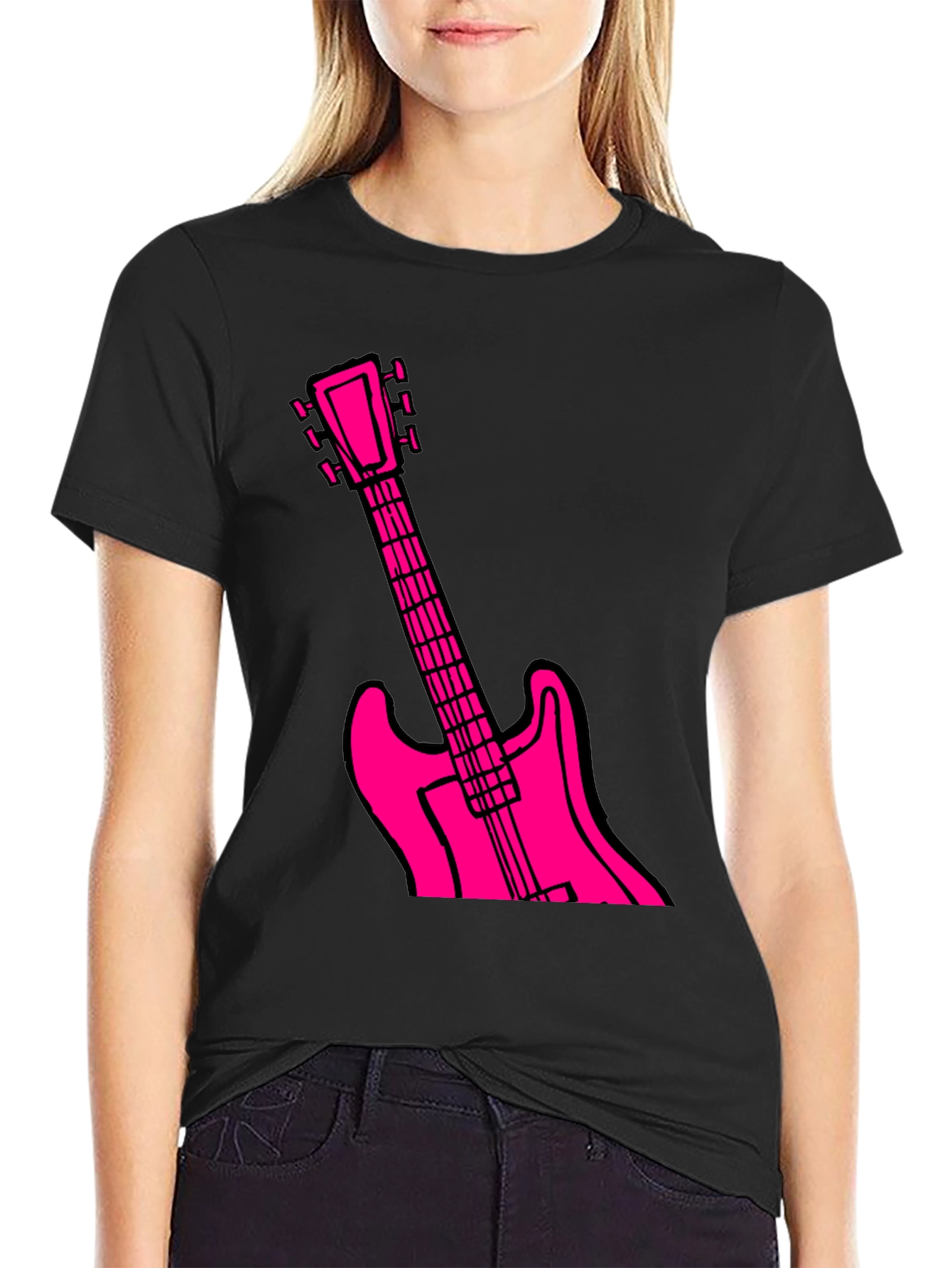 Black T-Shirt with Pink Guitar Graphic