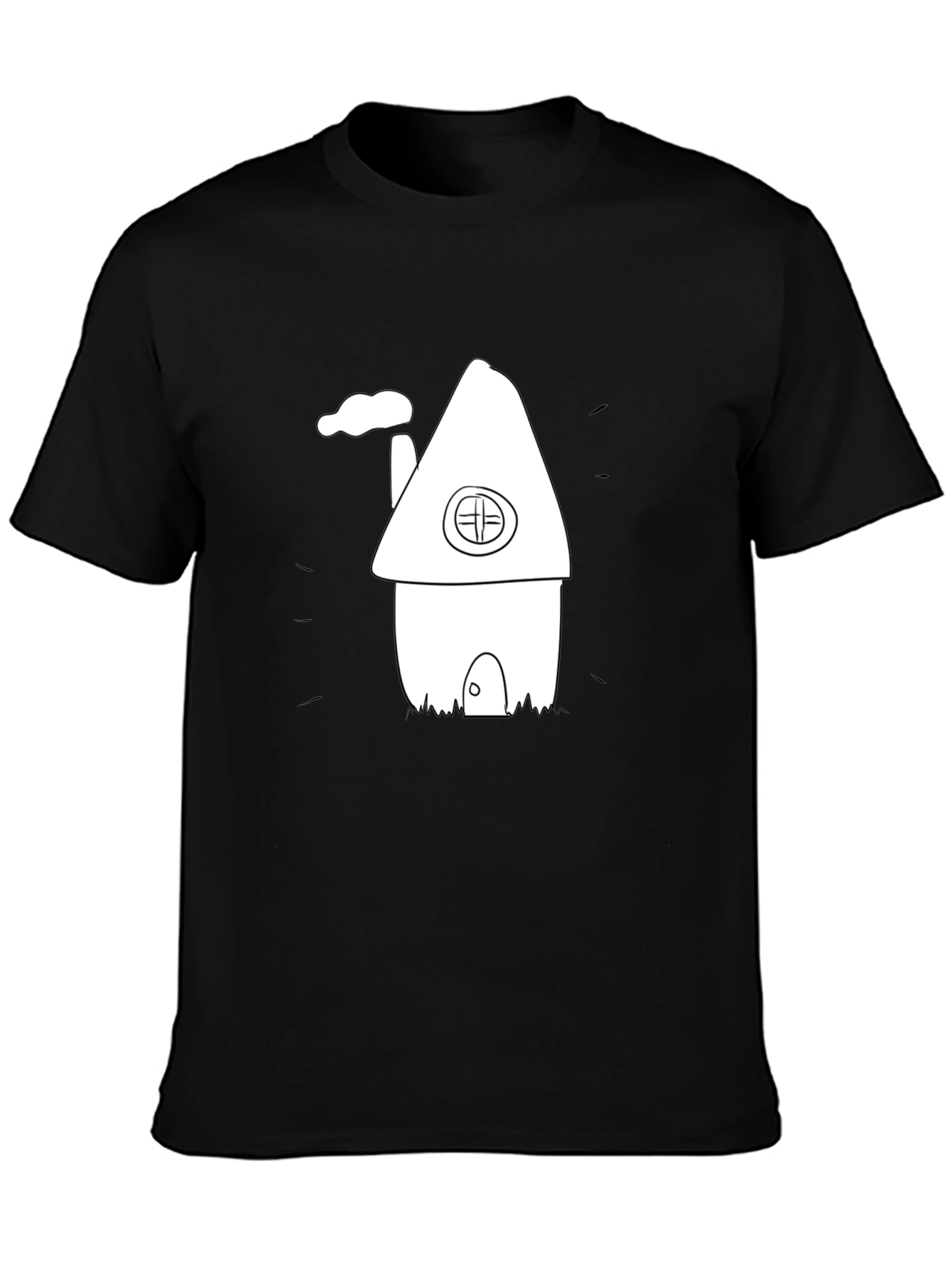 Cartoon House Graphic Tee - Black Cotton T-Shirt