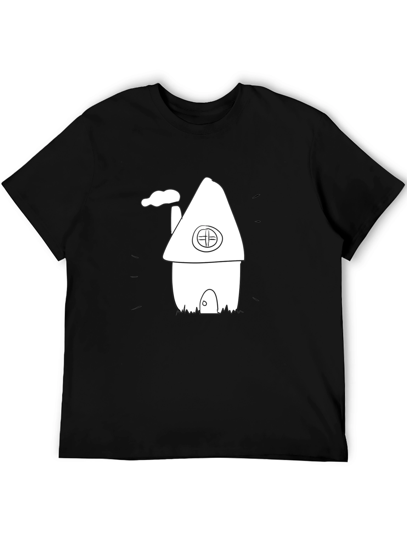 Cartoon House Graphic Tee - Black Cotton T-Shirt