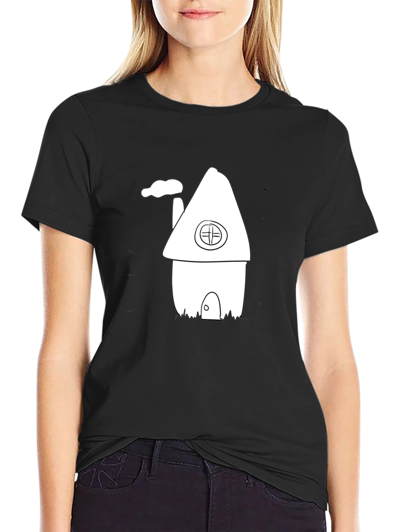 Cartoon House Graphic Tee - Black Cotton T-Shirt