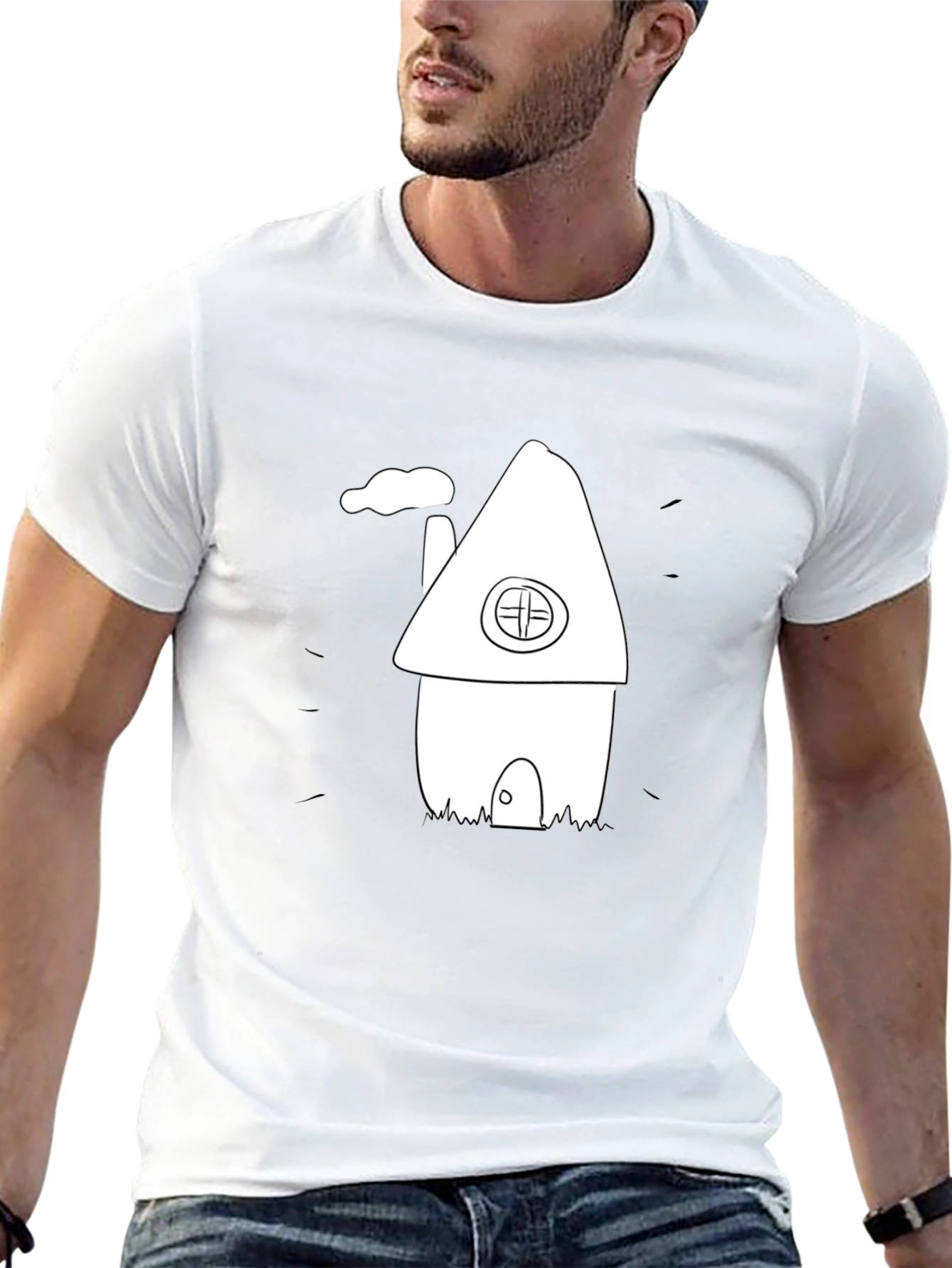Cartoon House Graphic Tee - Black Cotton T-Shirt
