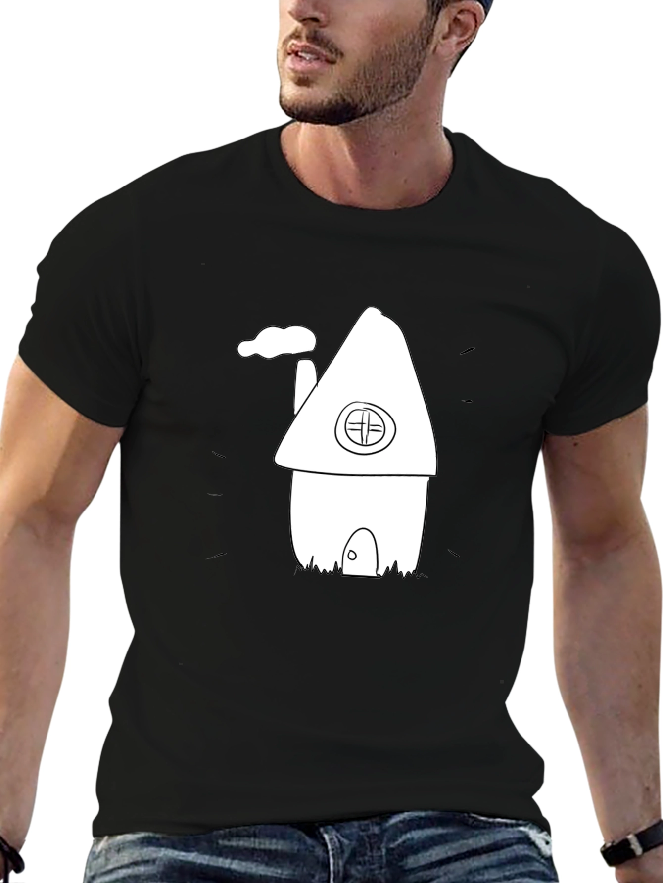 Cartoon House Graphic Tee - Black Cotton T-Shirt