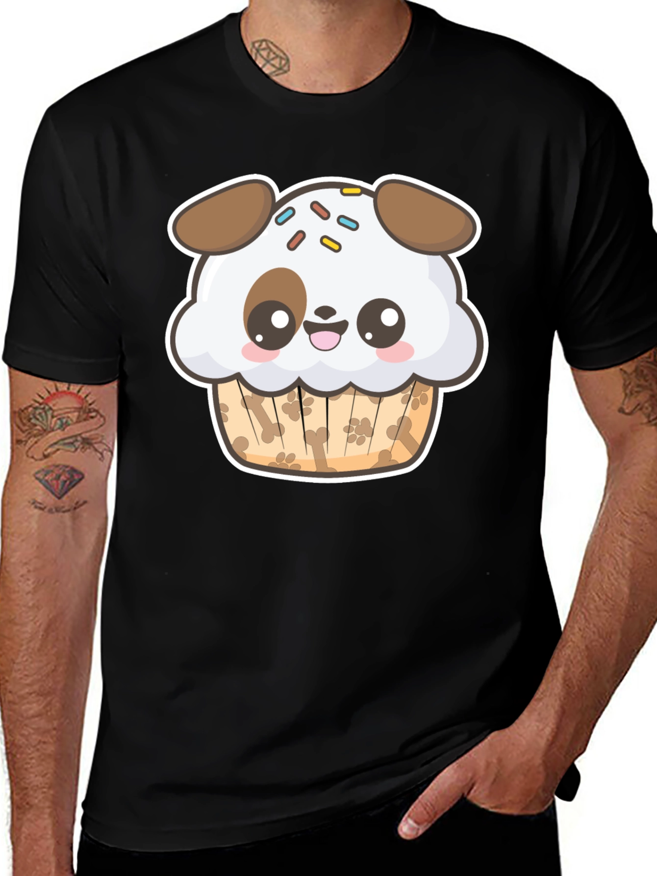 Cute Dog Cupcake Graphic Black T-Shirt