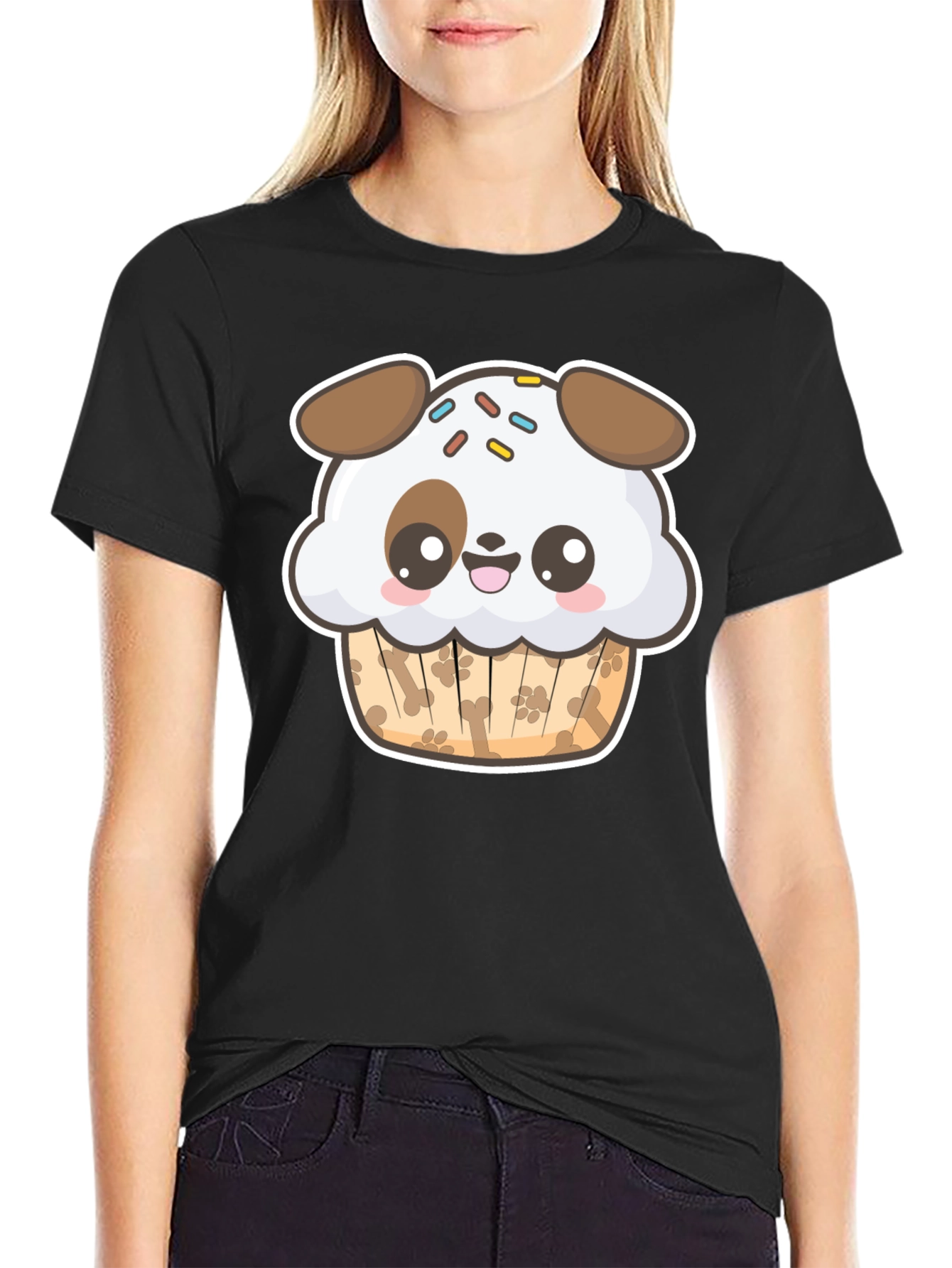 Cute Dog Cupcake Graphic Black T-Shirt