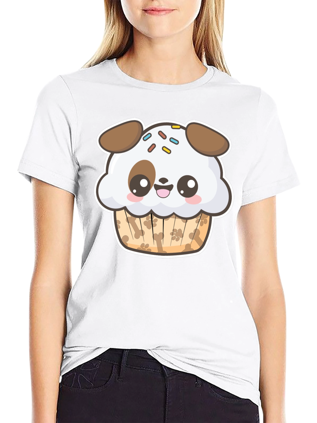 Cute Dog Cupcake Graphic Black T-Shirt