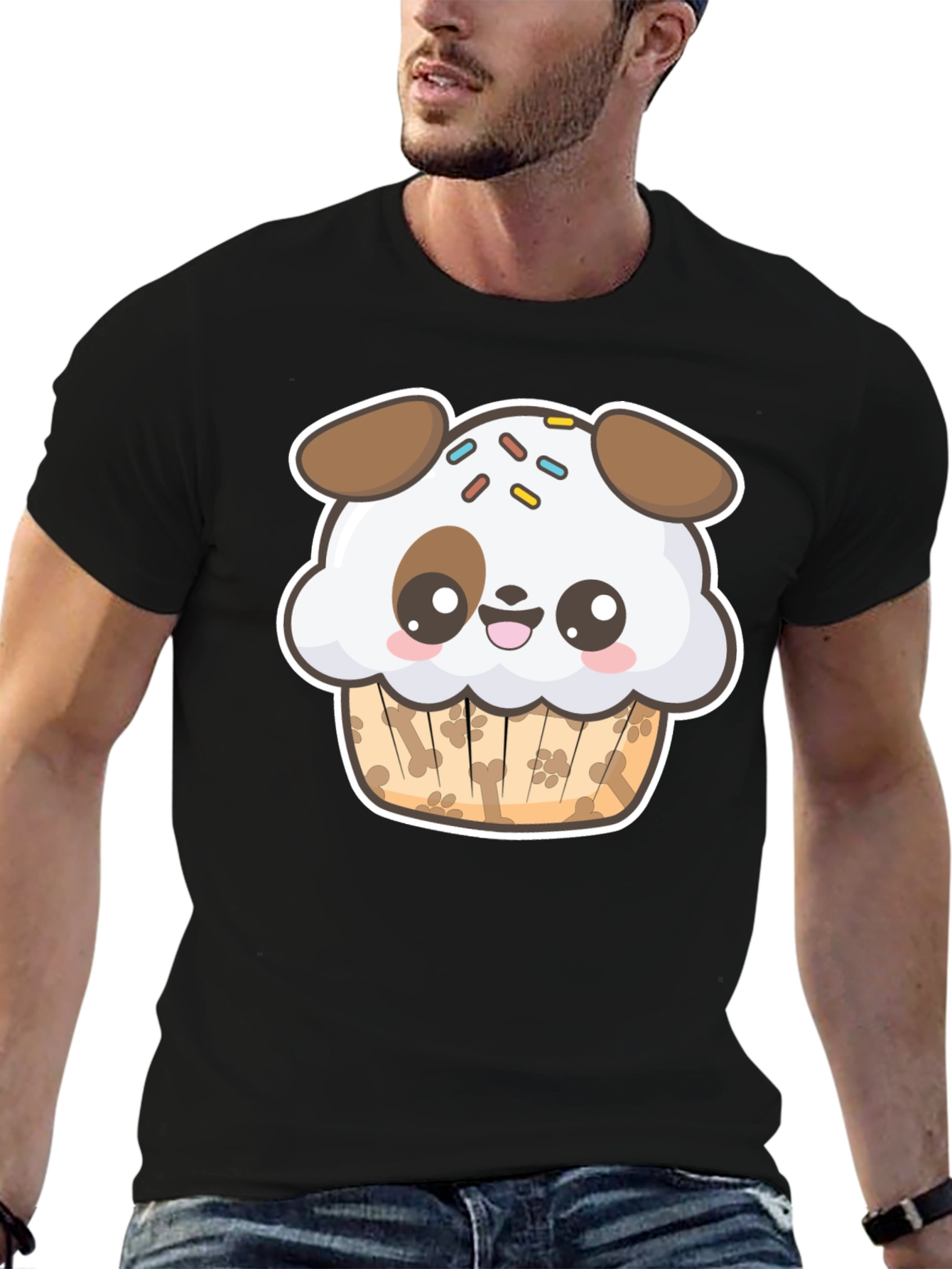 Cute Dog Cupcake Graphic Black T-Shirt