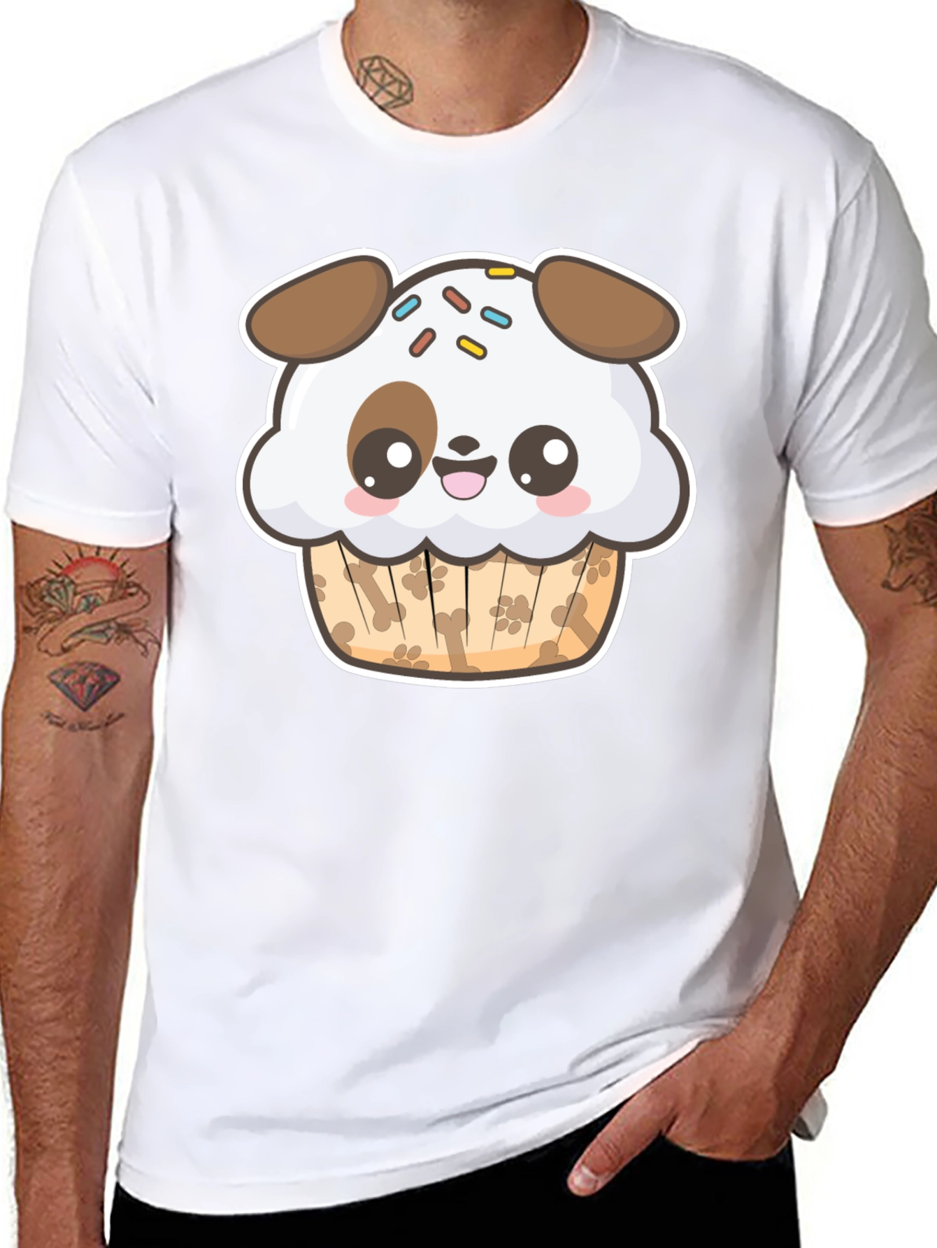Cute Dog Cupcake Graphic Black T-Shirt
