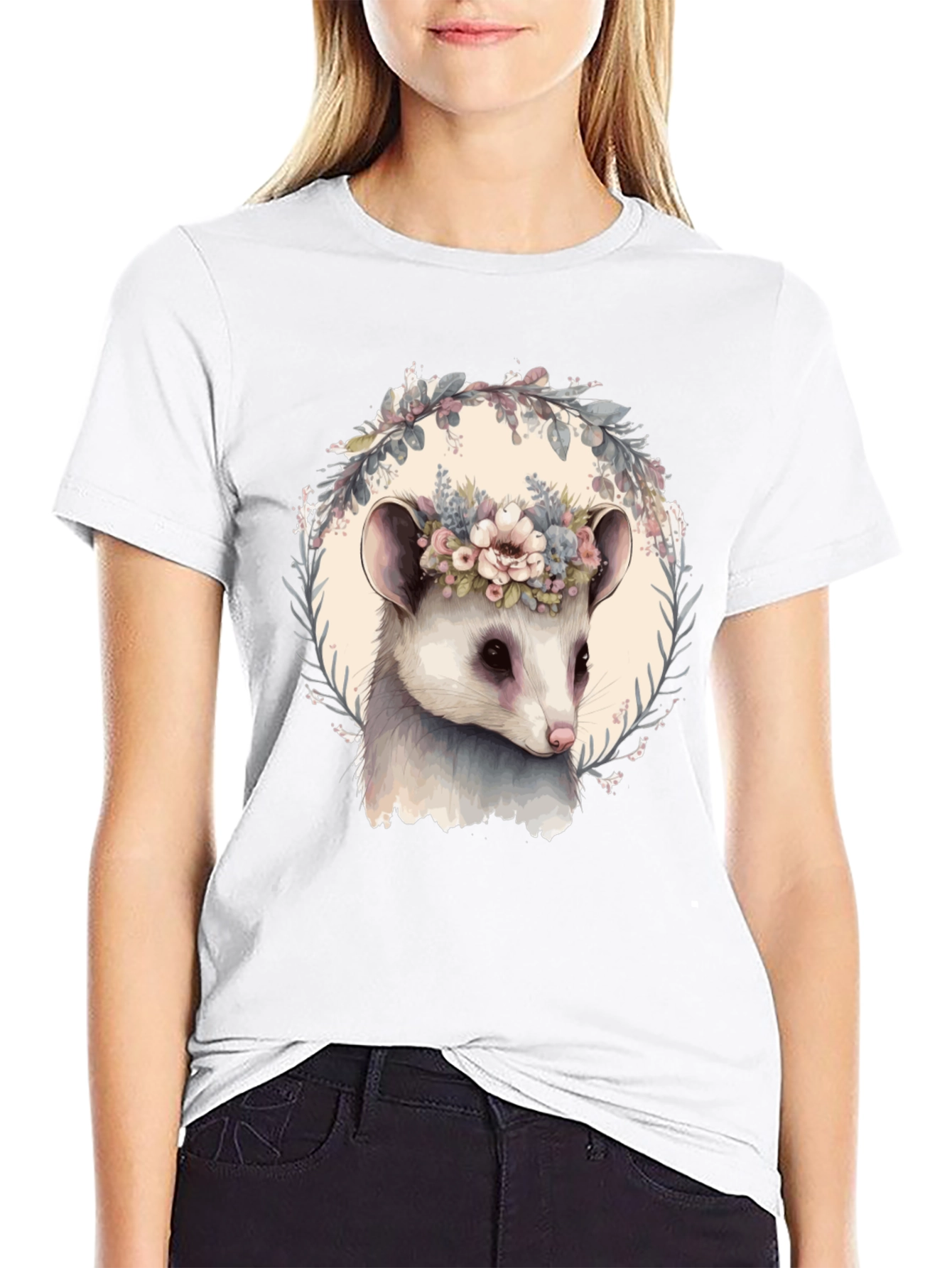 Opossum Floral Wreath T-Shirt - Unique Animal Tee