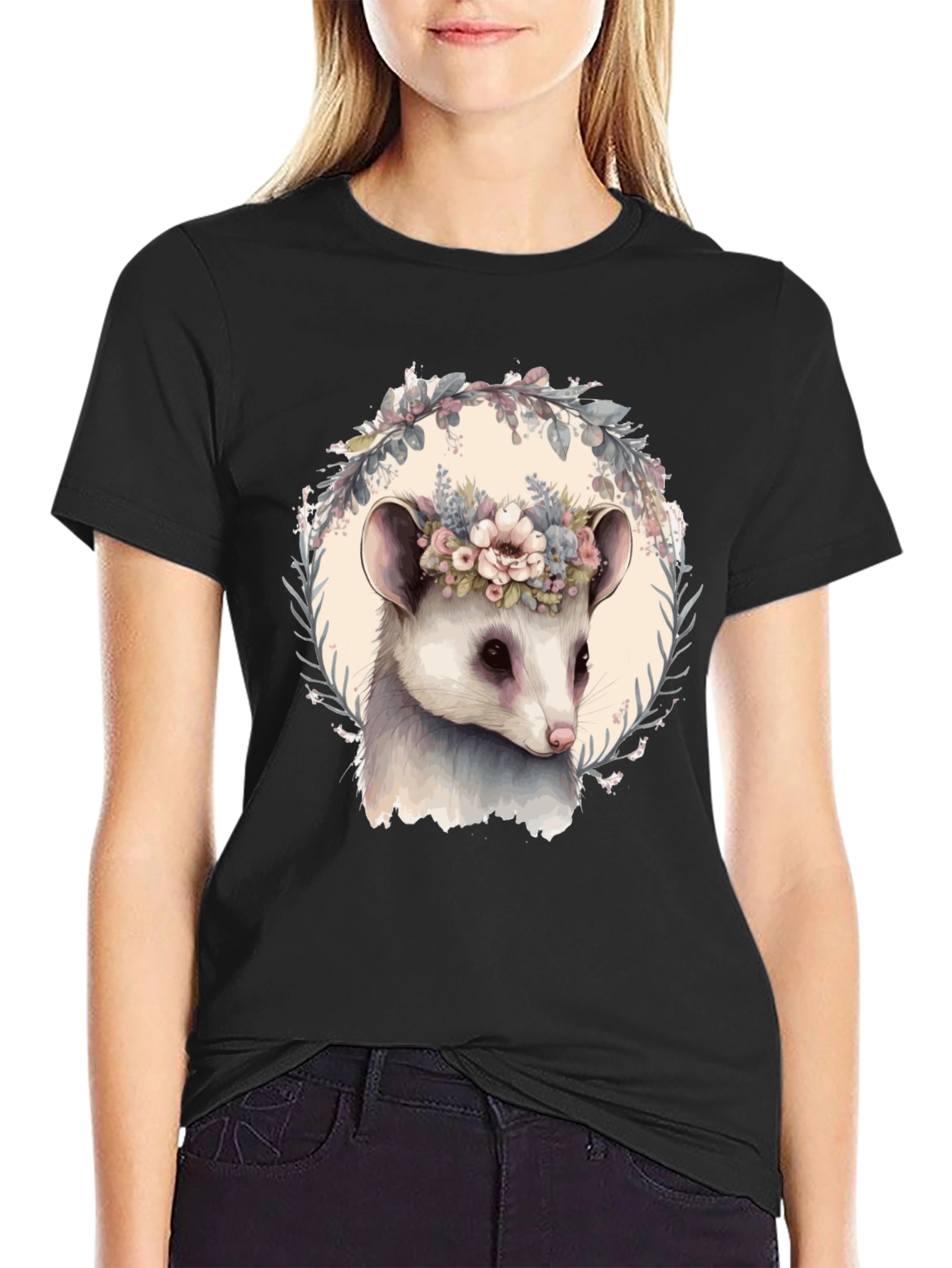 Opossum Floral Wreath T-Shirt - Unique Animal Tee