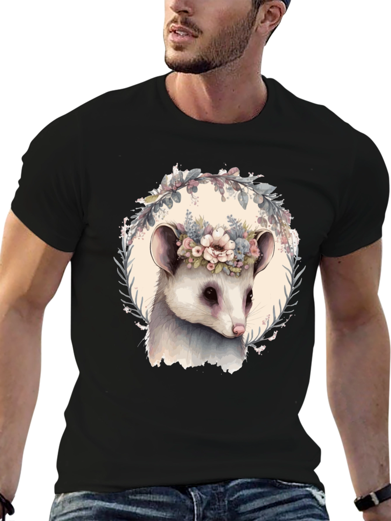 Opossum Floral Wreath T-Shirt - Unique Animal Tee