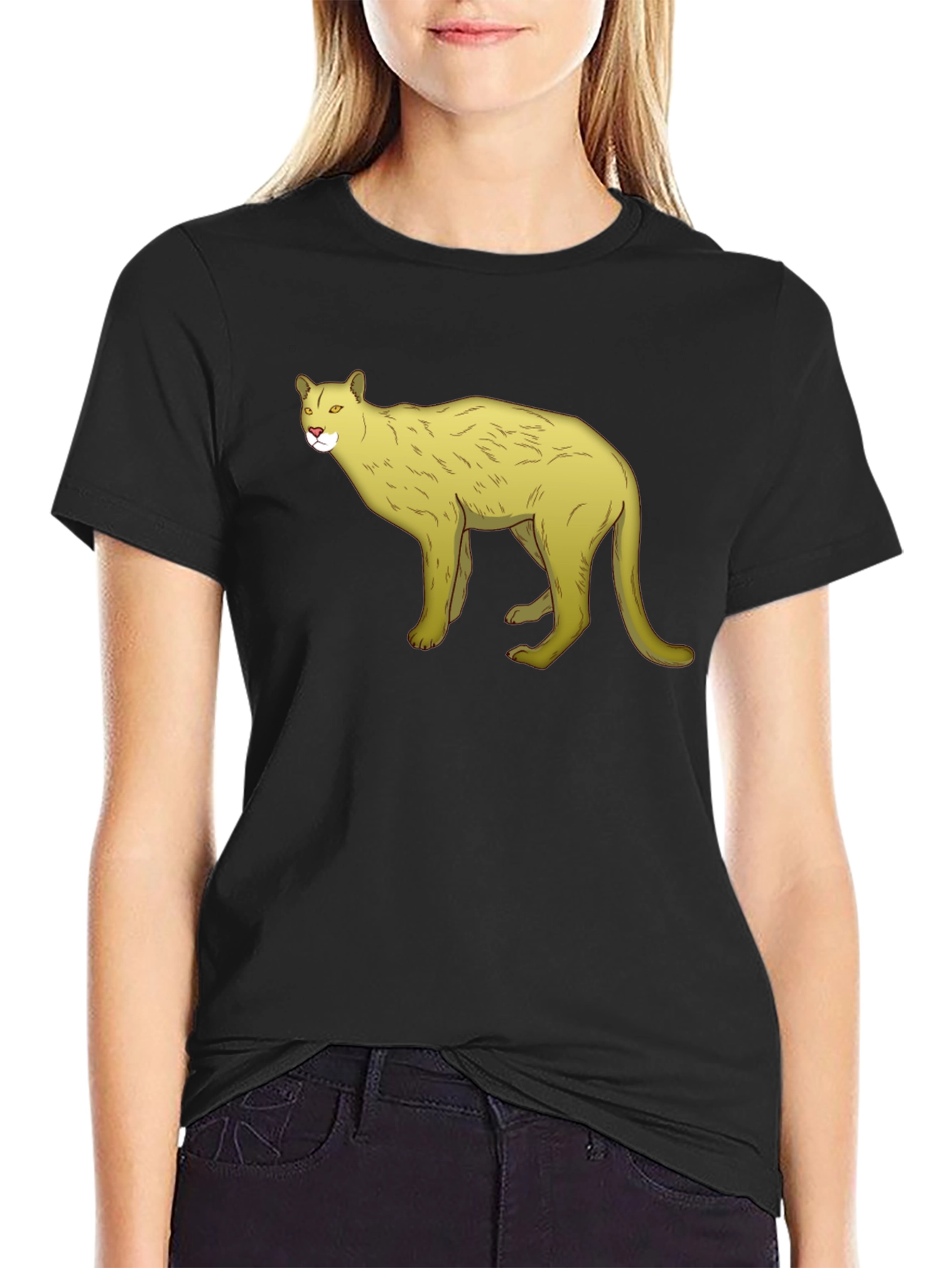 Black T-Shirt with Cartoon Cougar Graphic