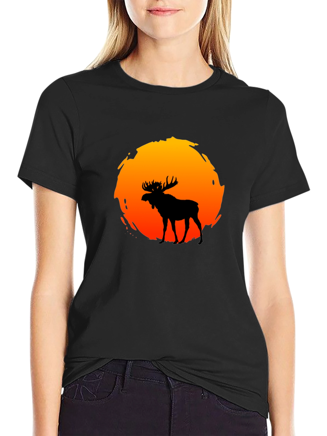 Moose Silhouette Sunset Graphic T-Shirt