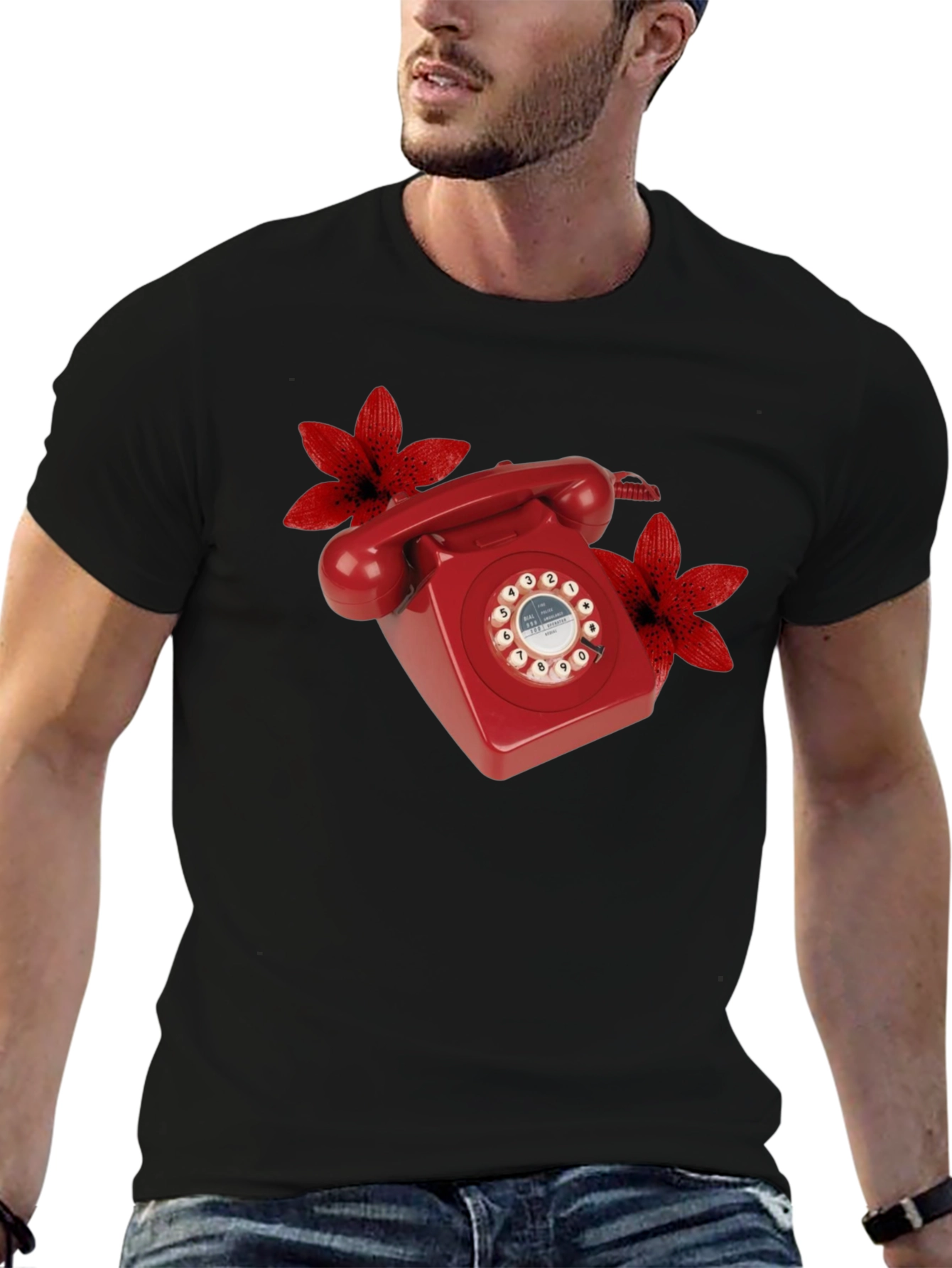Retro Red Rotary Phone Floral T-Shirt