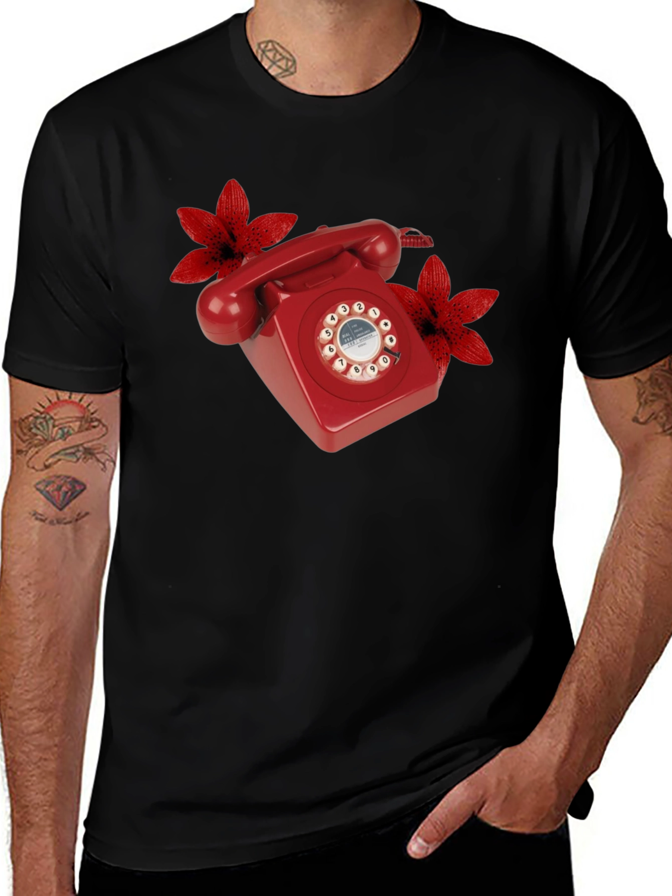 Retro Red Rotary Phone Floral T-Shirt