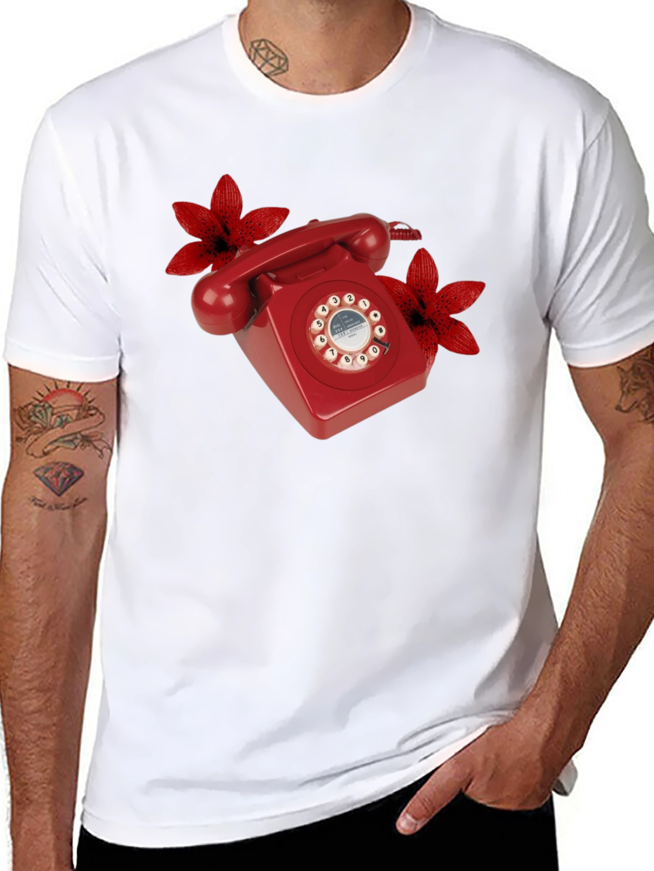 Retro Red Rotary Phone Floral T-Shirt