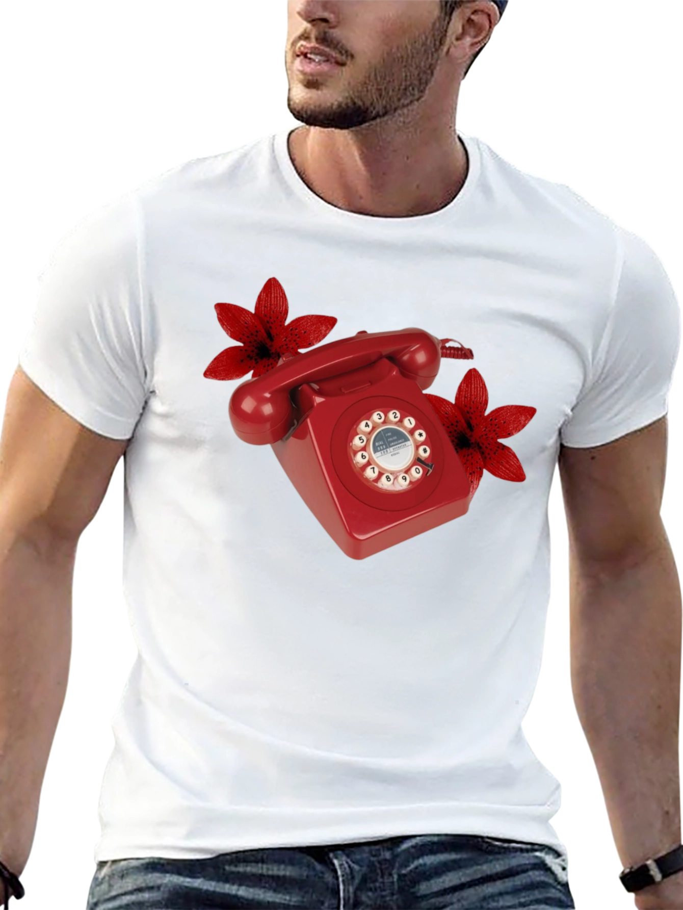 Retro Red Rotary Phone Floral T-Shirt