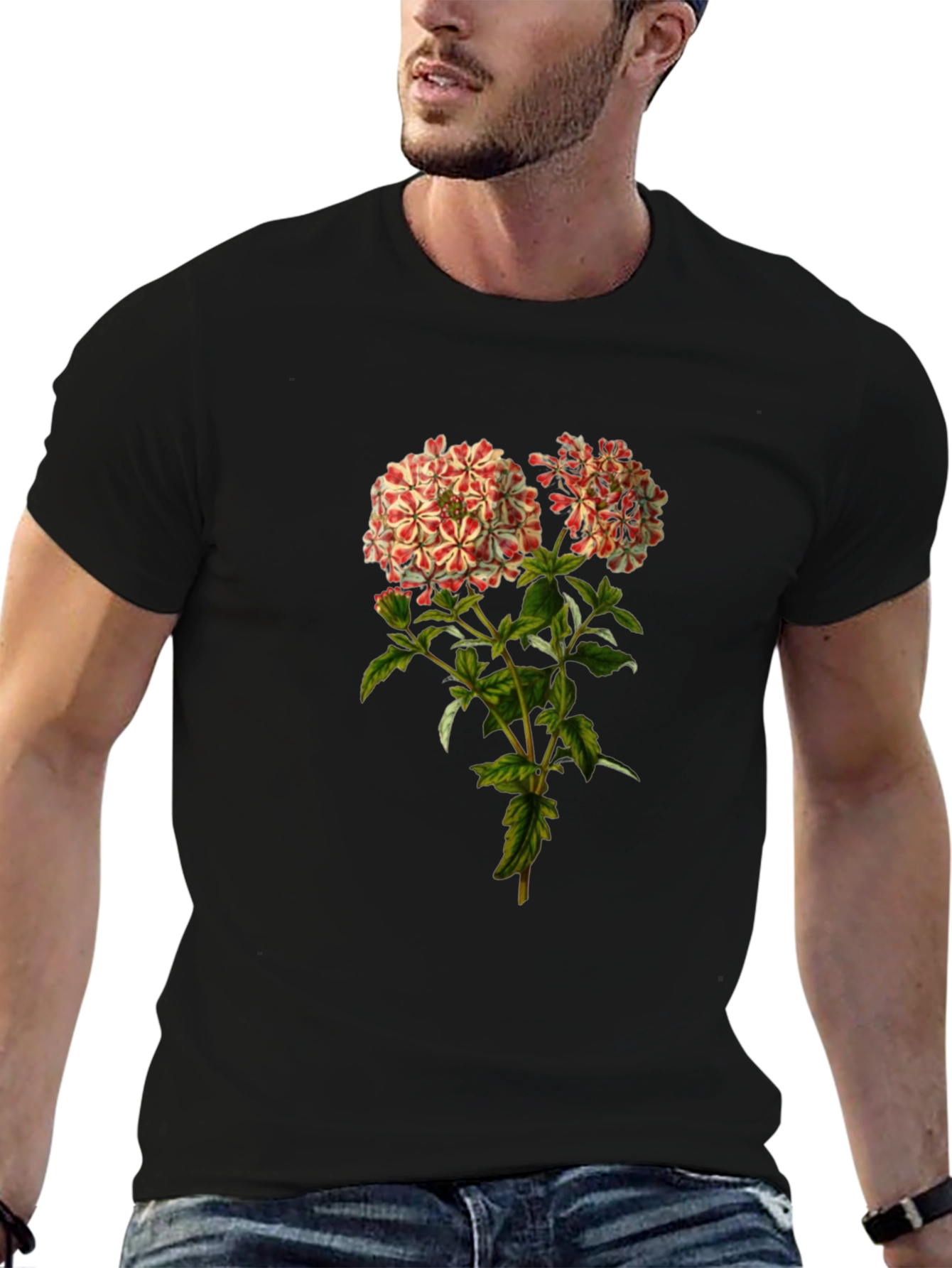 Floral Print Black Crewneck T-Shirt