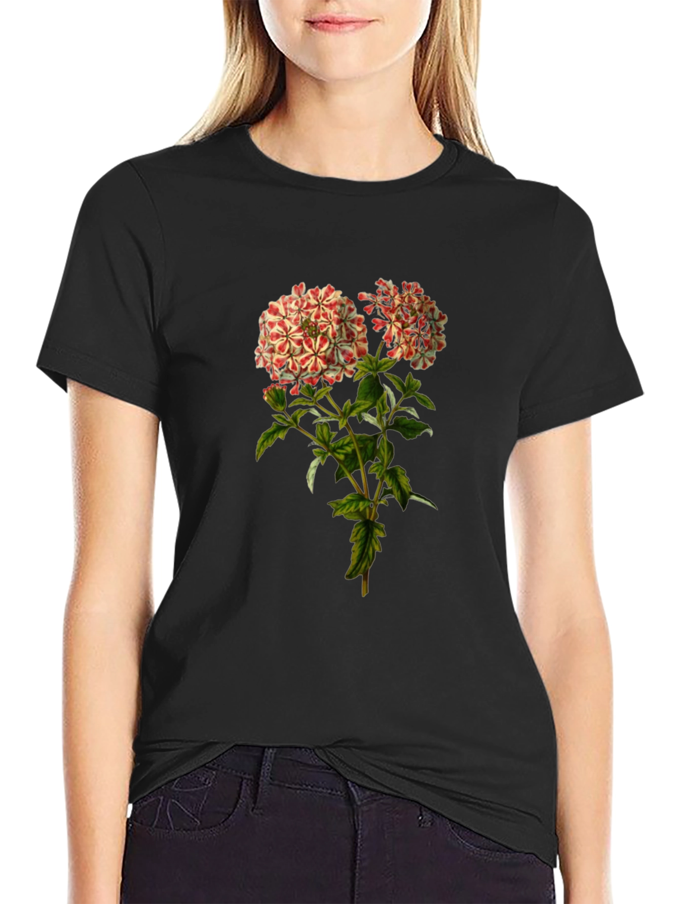 Floral Print Black Crewneck T-Shirt