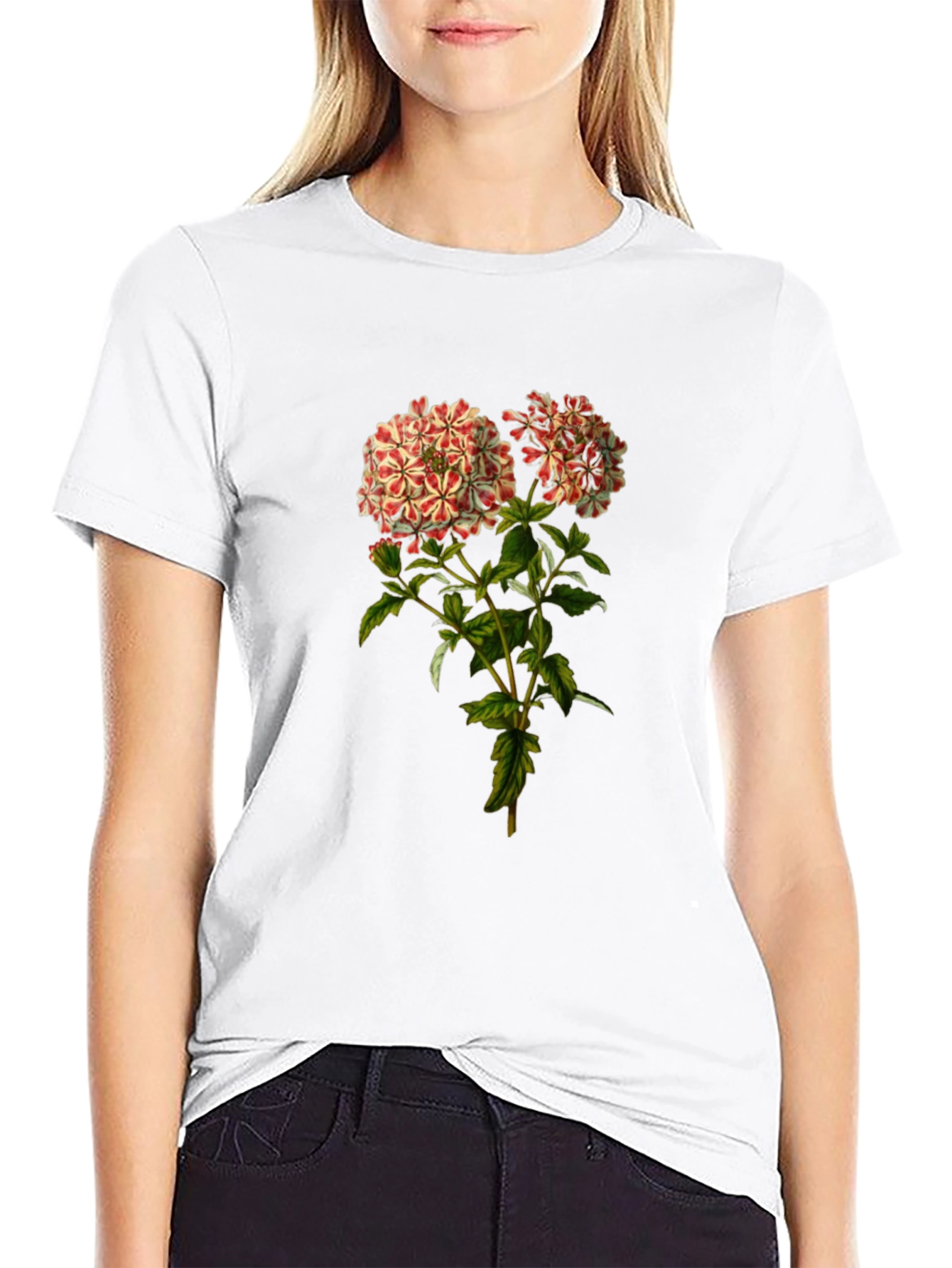 Floral Print Black Crewneck T-Shirt