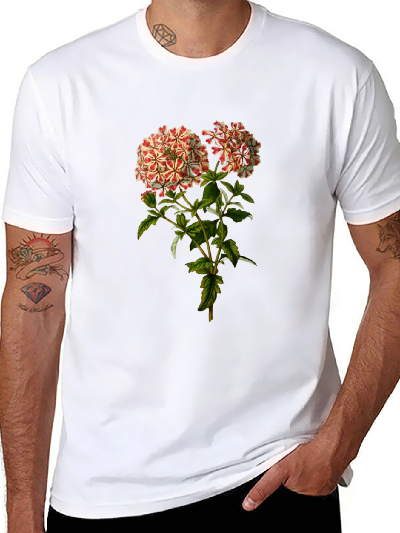 Floral Print Black Crewneck T-Shirt