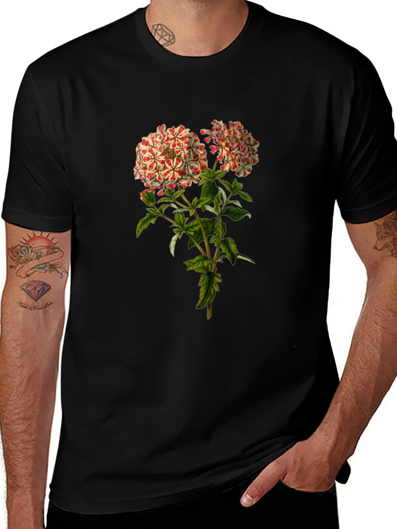 Floral Print Black Crewneck T-Shirt