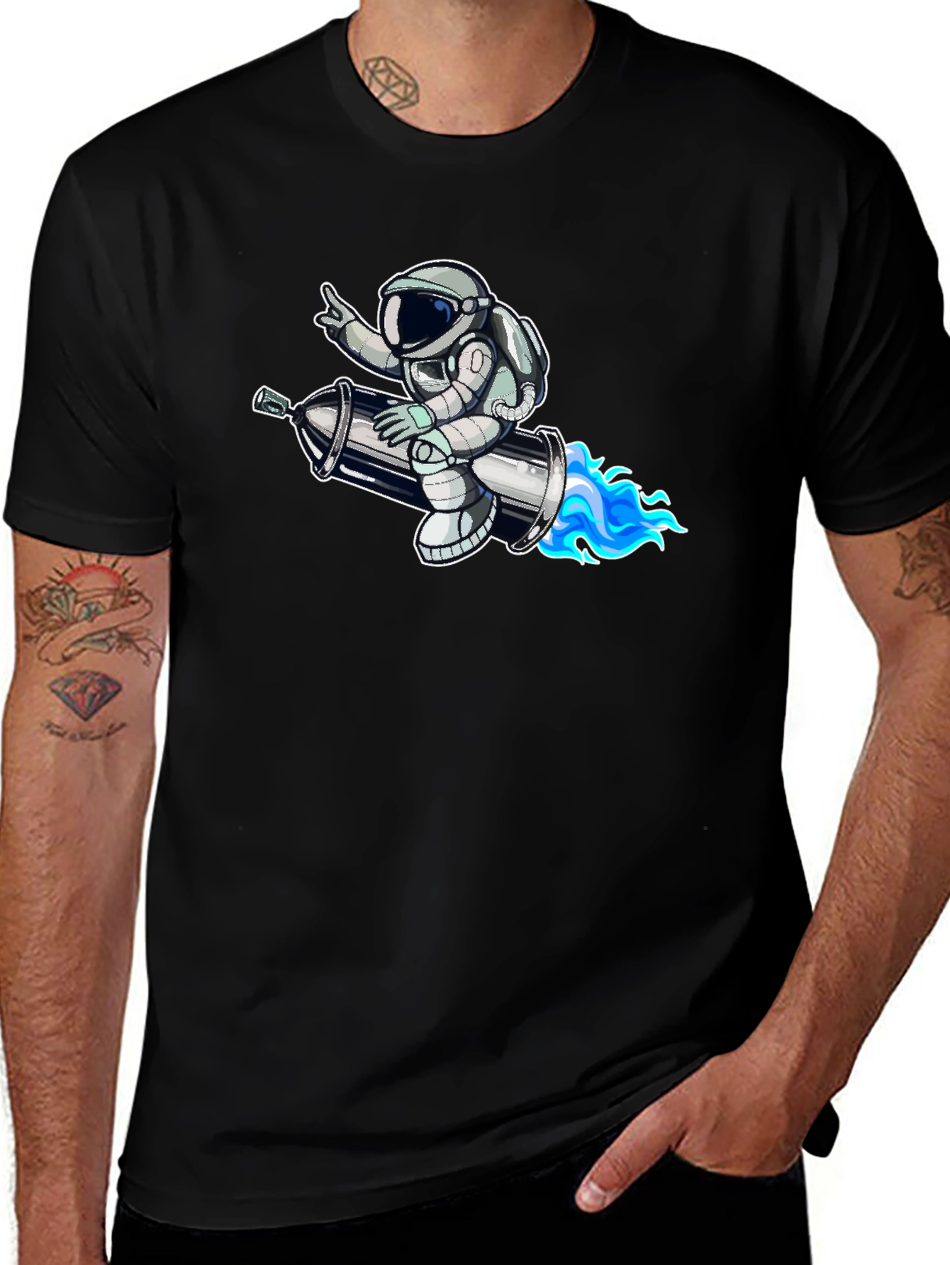 Astronaut on Rocket T-Shirt - Black