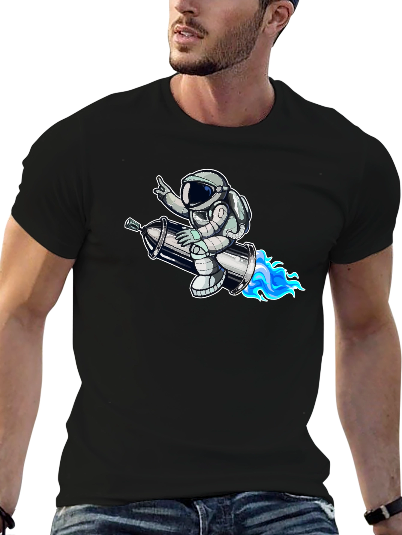 Astronaut on Rocket T-Shirt - Black