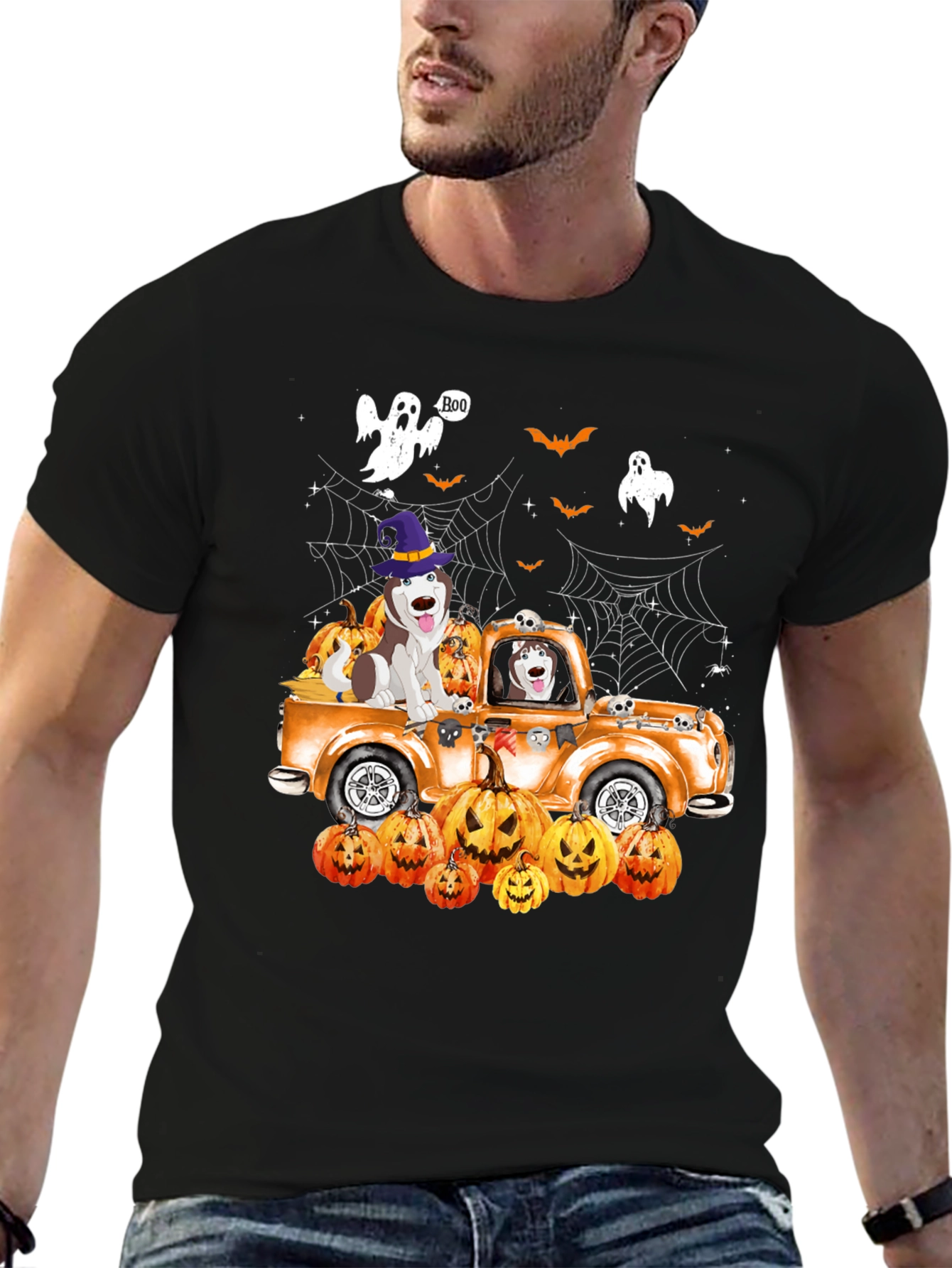 Halloween Husky Pumpkin Truck T-Shirt