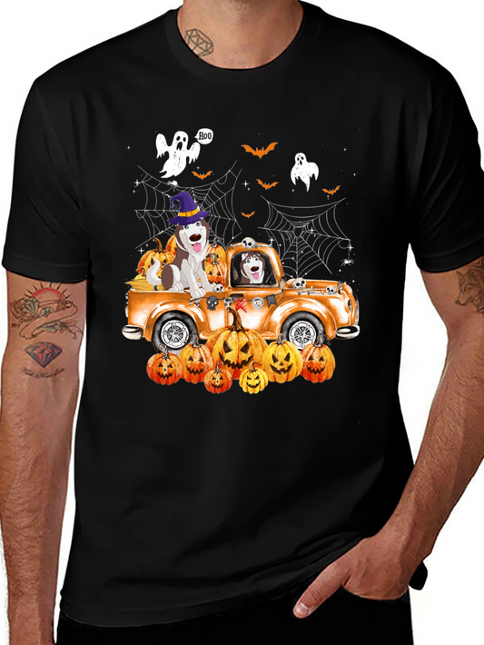 Halloween Husky Pumpkin Truck T-Shirt
