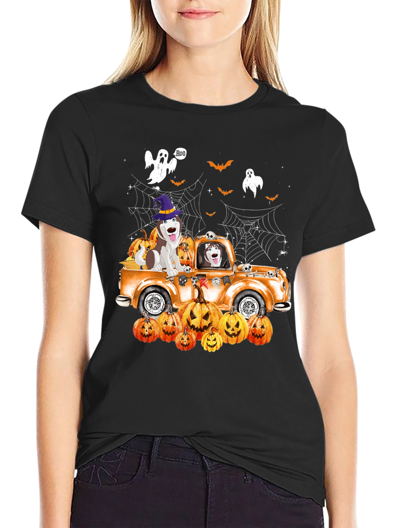 Halloween Husky Pumpkin Truck T-Shirt