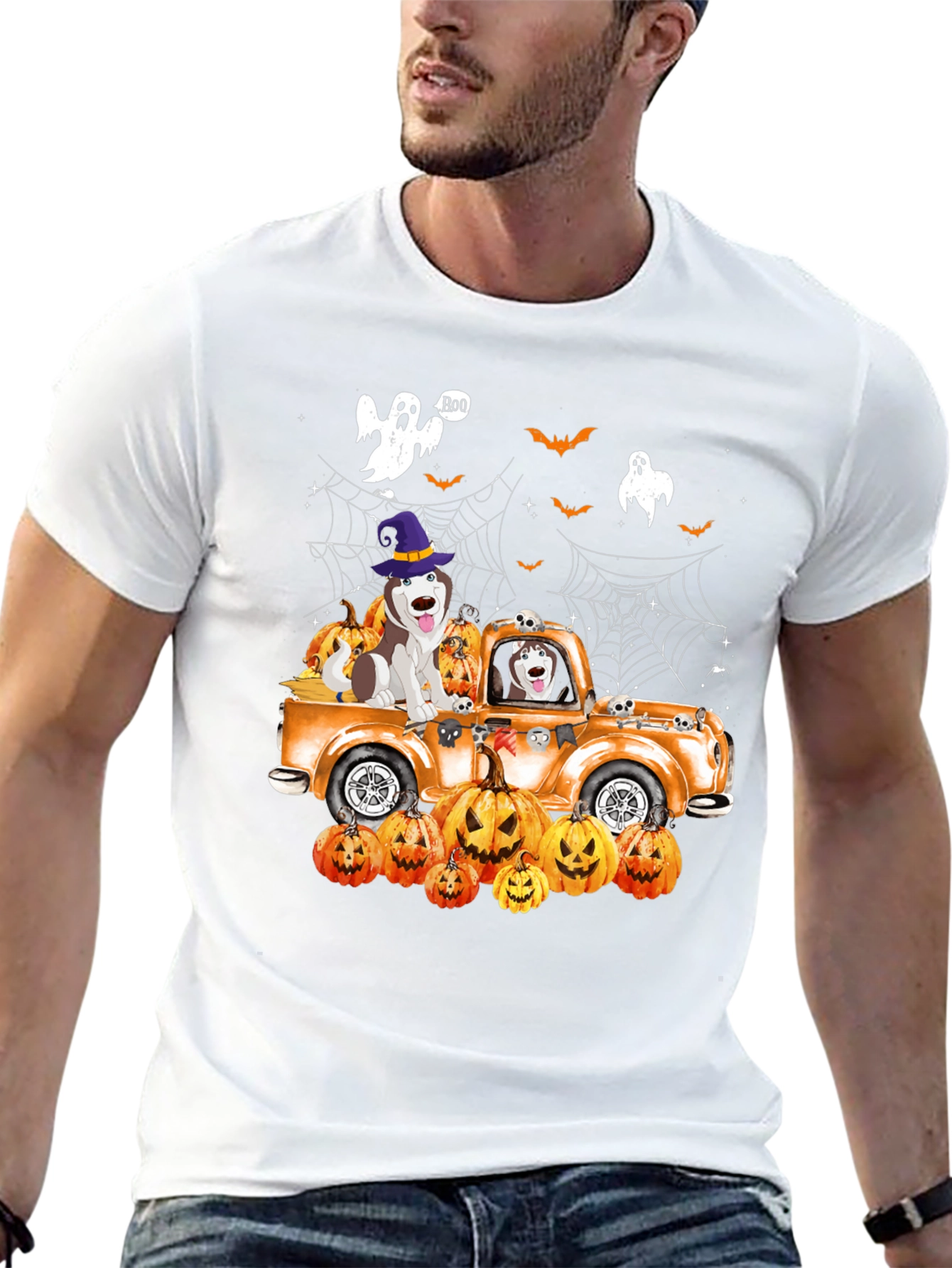 Halloween Husky Pumpkin Truck T-Shirt