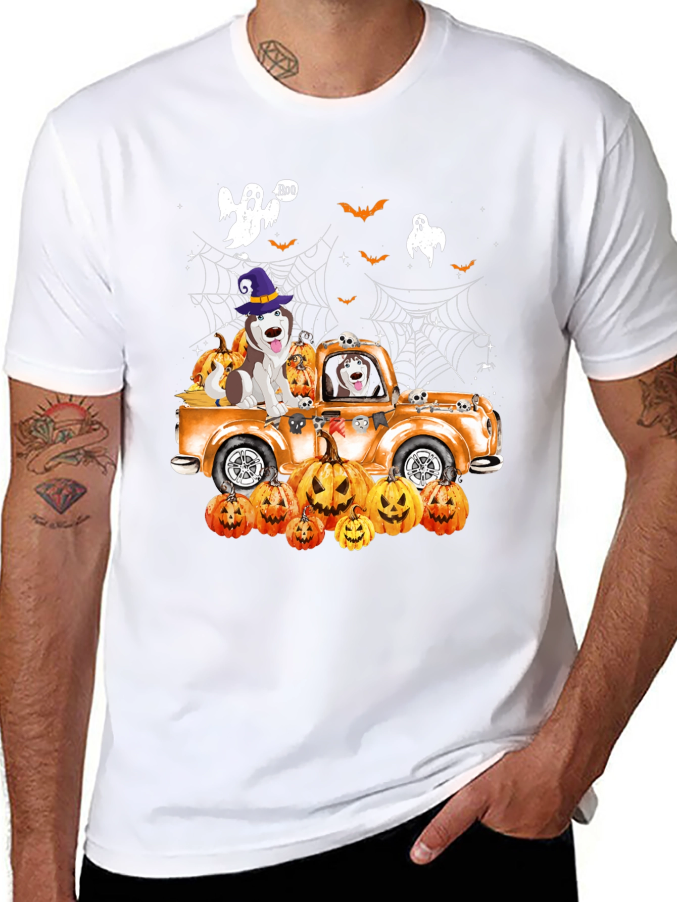 Halloween Husky Pumpkin Truck T-Shirt