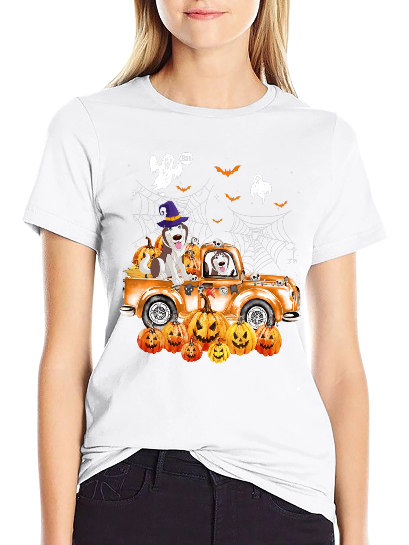 Halloween Husky Pumpkin Truck T-Shirt