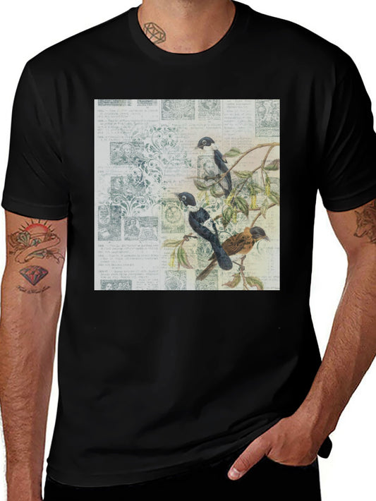 Vintage Bird Art Print Black T-Shirt