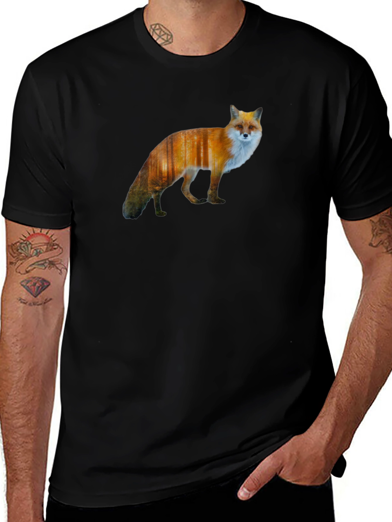 Fox Forest Print Black T-Shirt