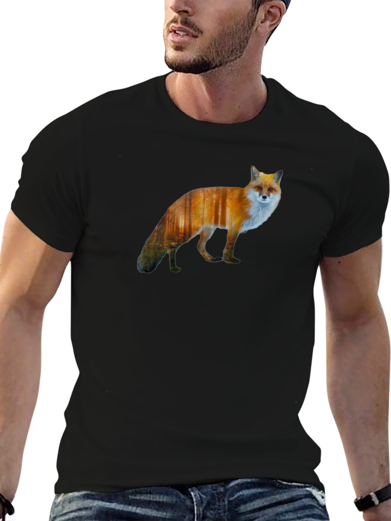 Fox Forest Print Black T-Shirt