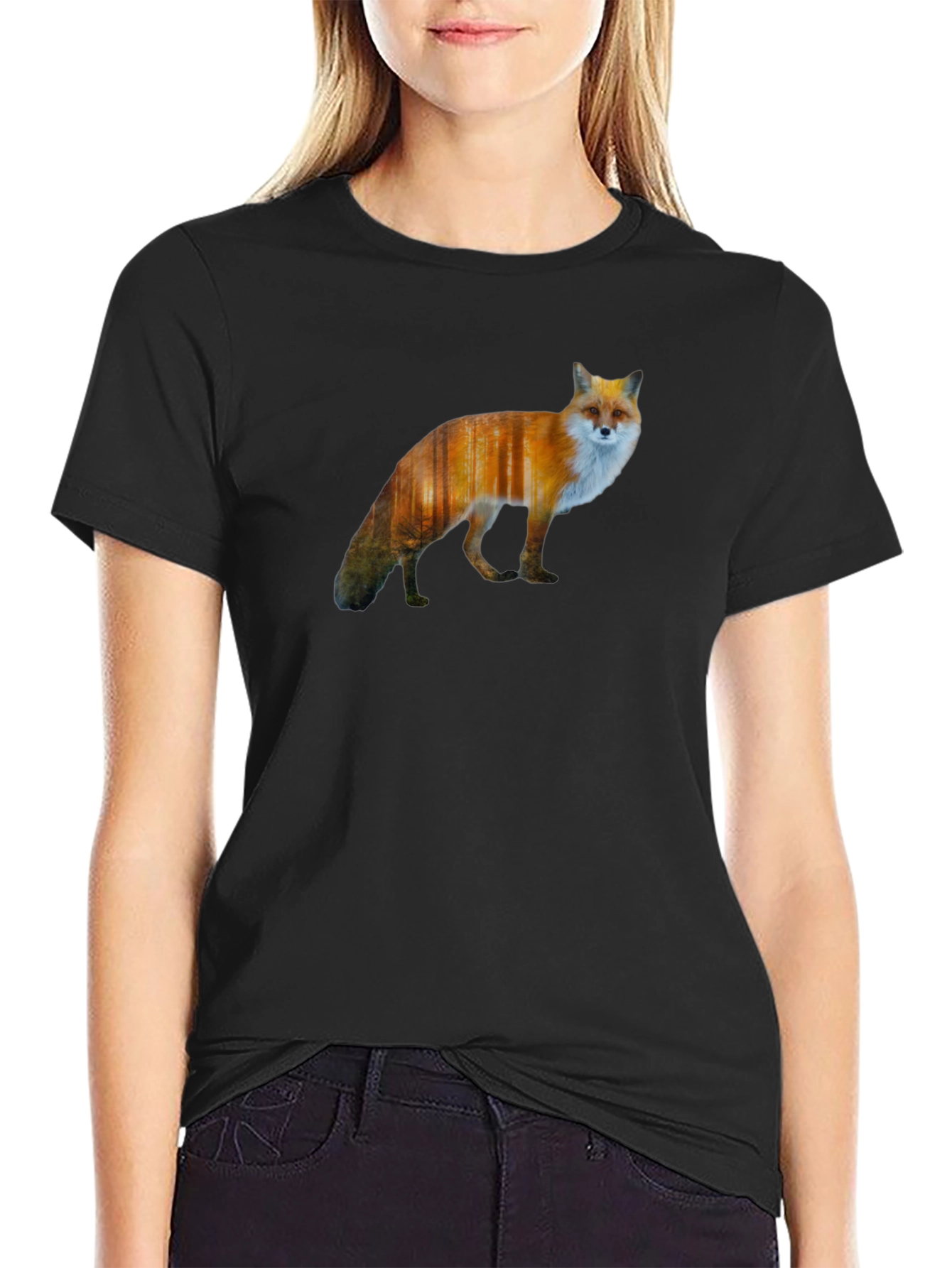 Fox Forest Print Black T-Shirt