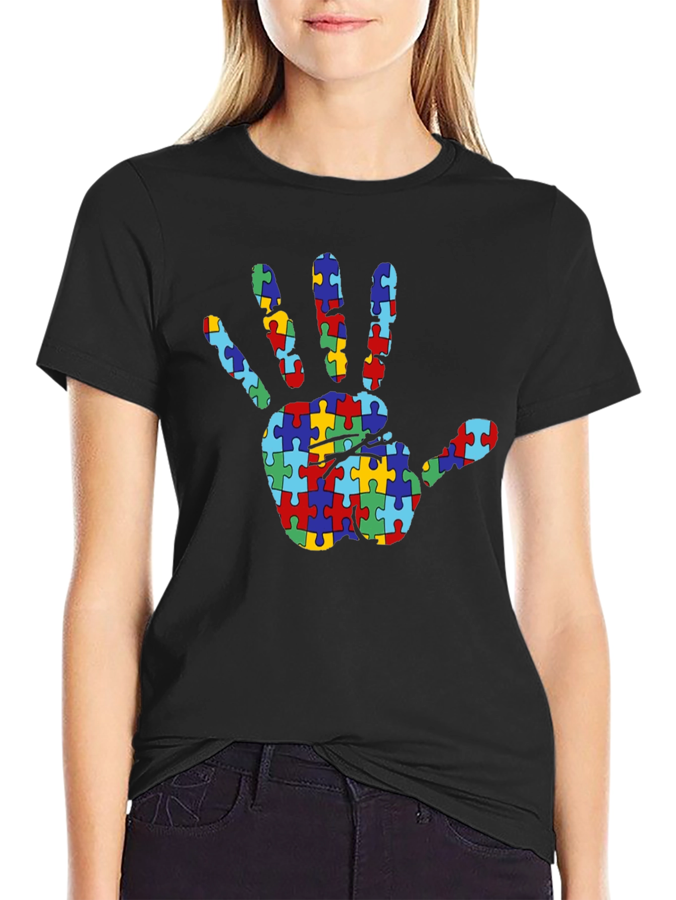 Autism Awareness Puzzle Hand T-Shirt - Black