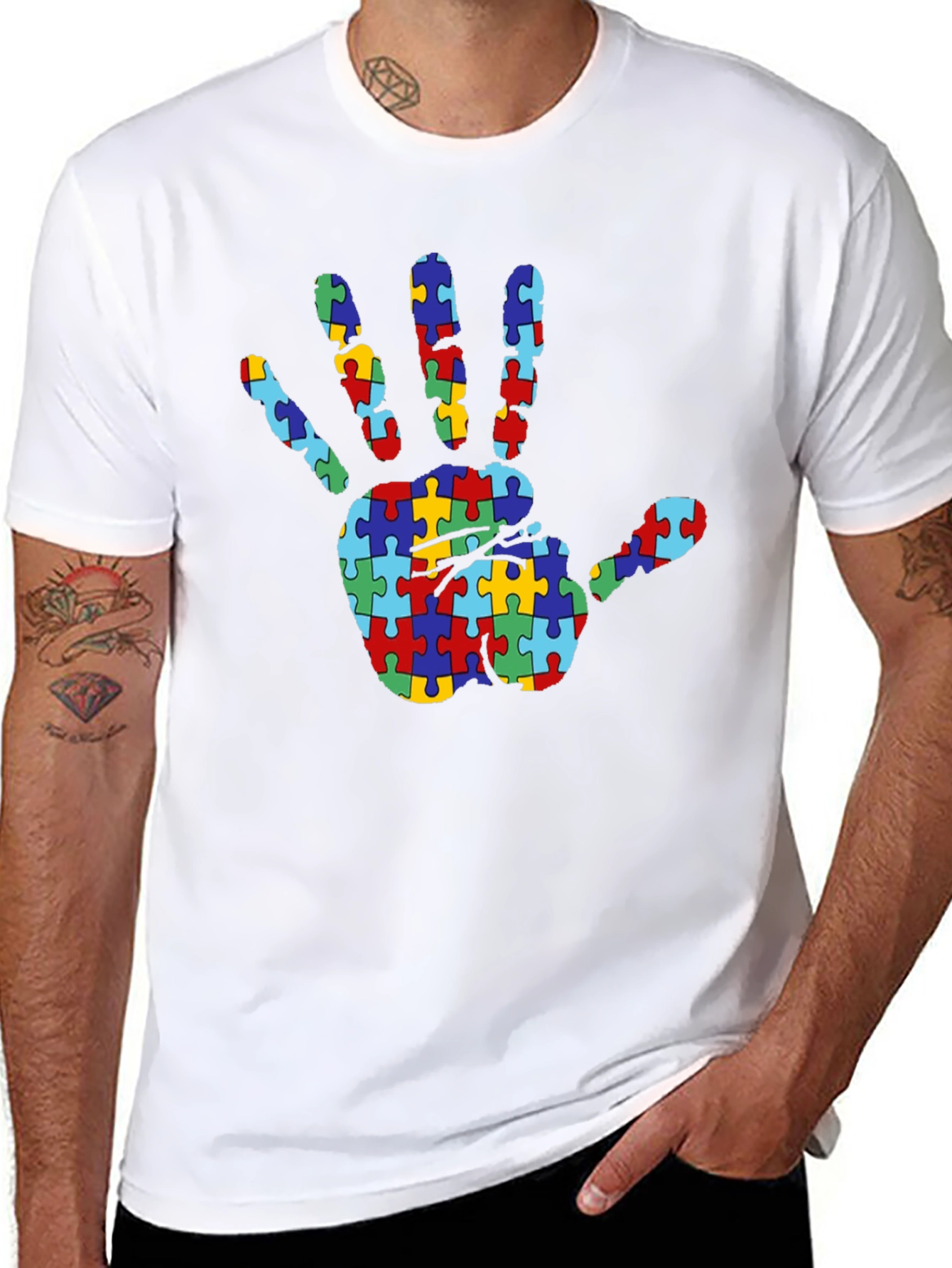 Autism Awareness Puzzle Hand T-Shirt - Black