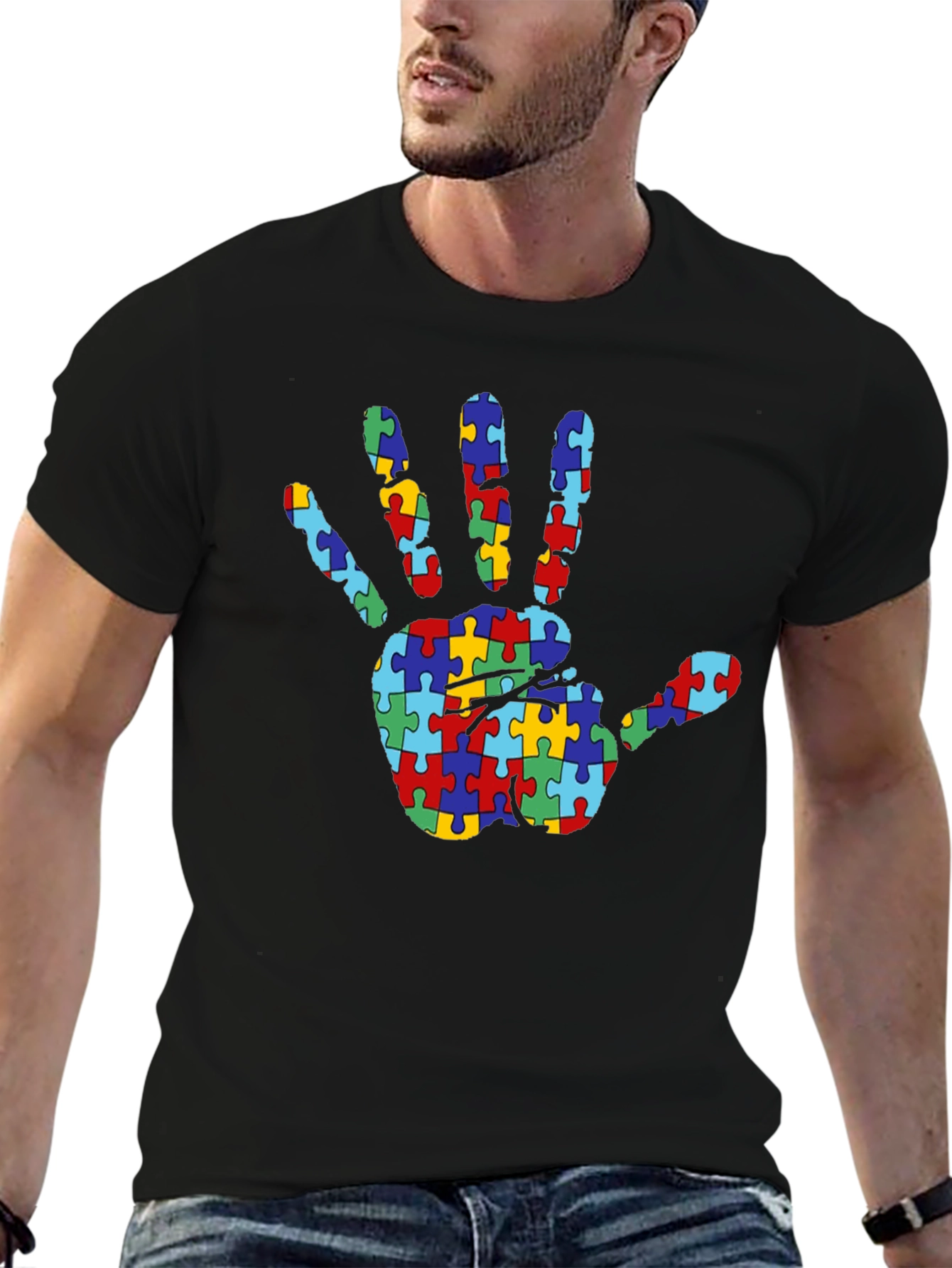 Autism Awareness Puzzle Hand T-Shirt - Black