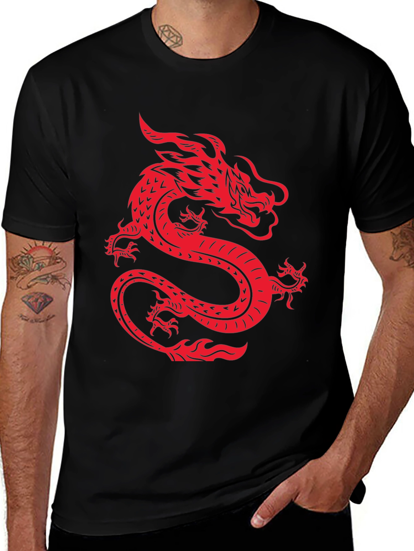 Red Dragon Graphic Print Black T-Shirt