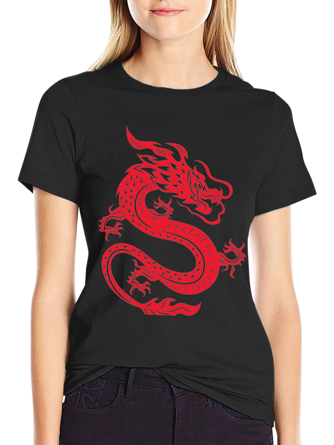 Red Dragon Graphic Print Black T-Shirt