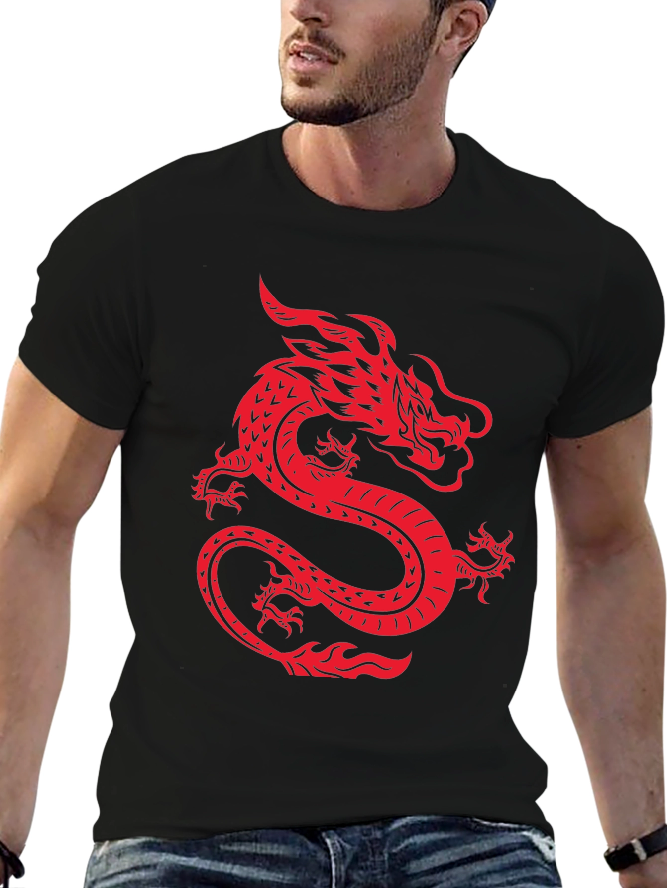 Red Dragon Graphic Print Black T-Shirt