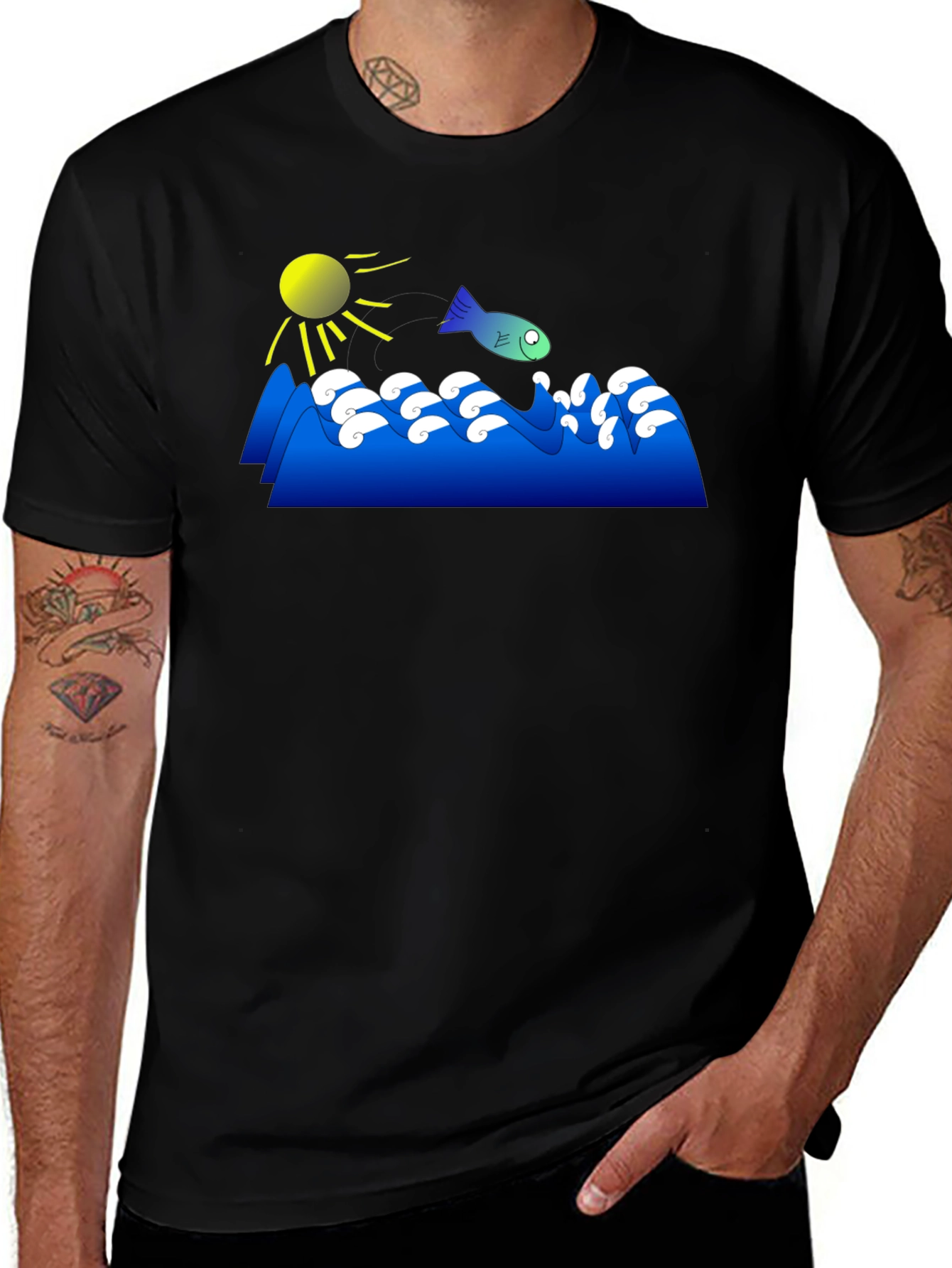 Cartoon Fish Jumping Waves Graphic Black T-Shirt