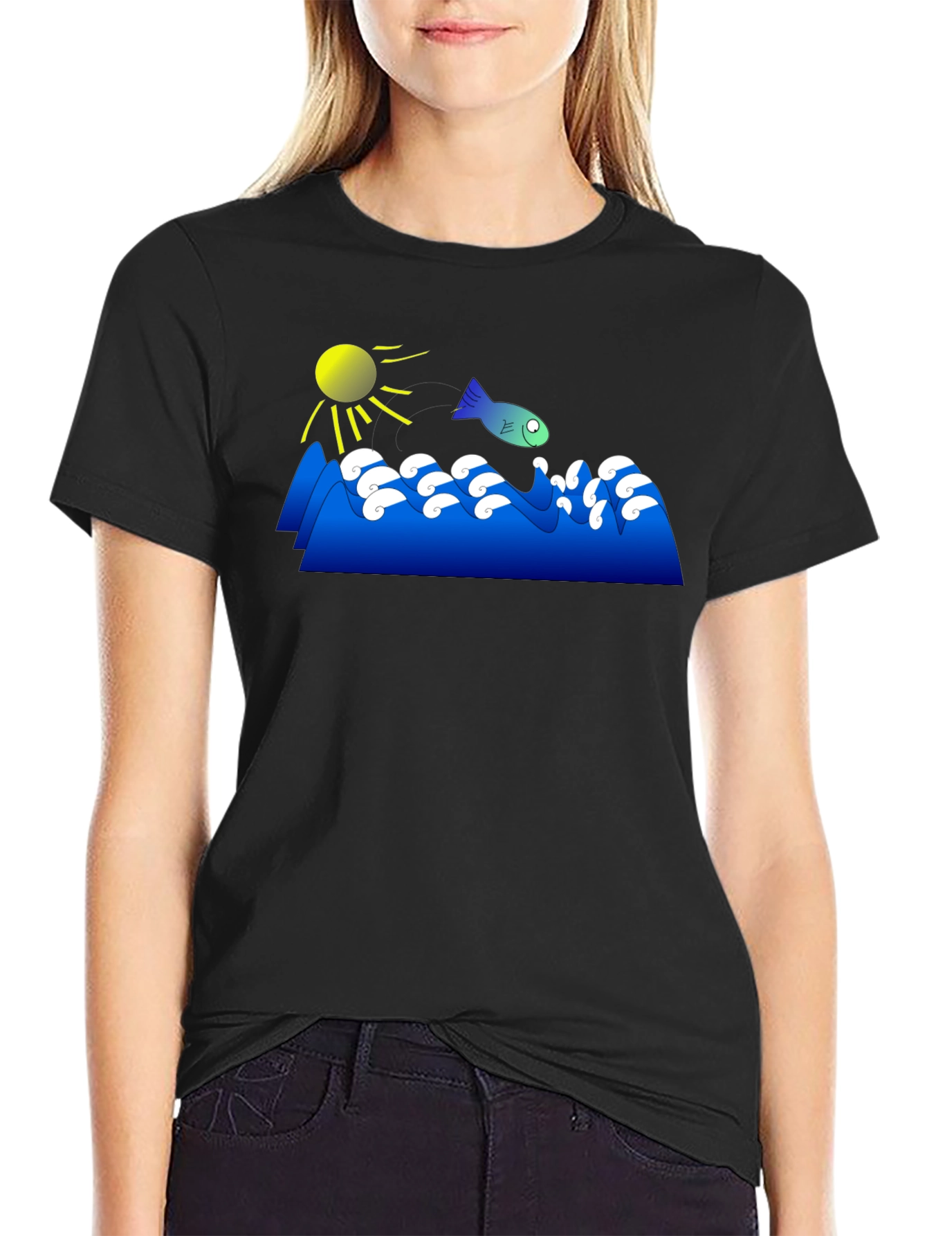 Cartoon Fish Jumping Waves Graphic Black T-Shirt