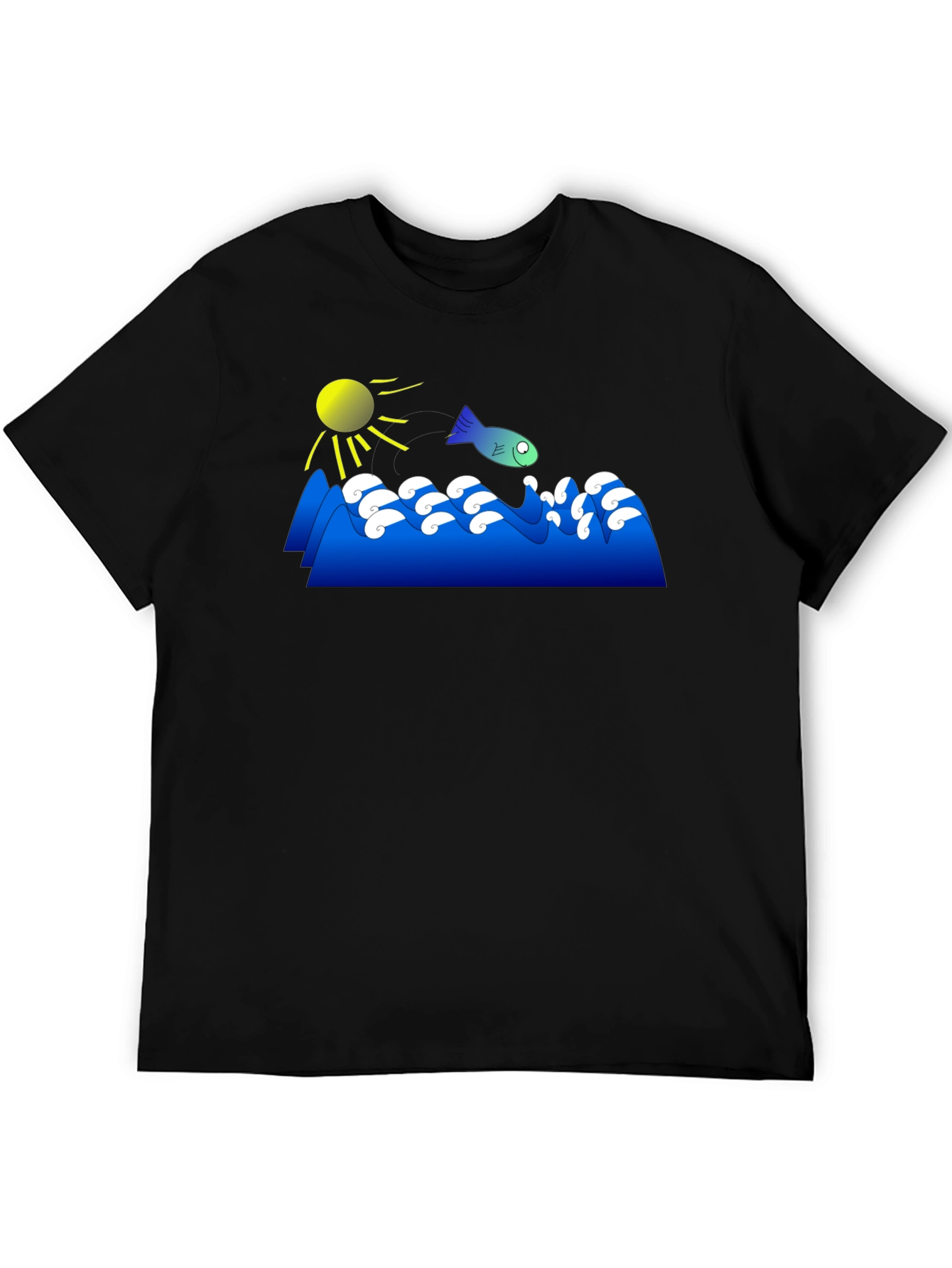 Cartoon Fish Jumping Waves Graphic Black T-Shirt