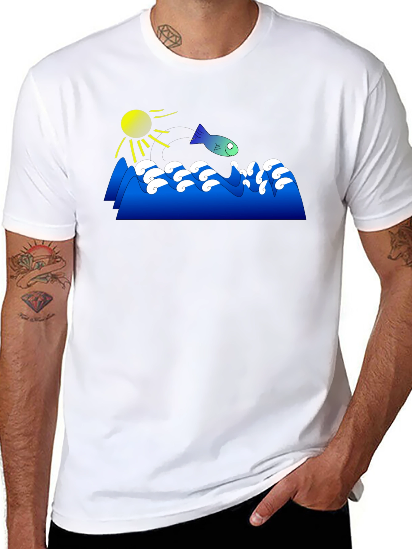 Cartoon Fish Jumping Waves Graphic Black T-Shirt