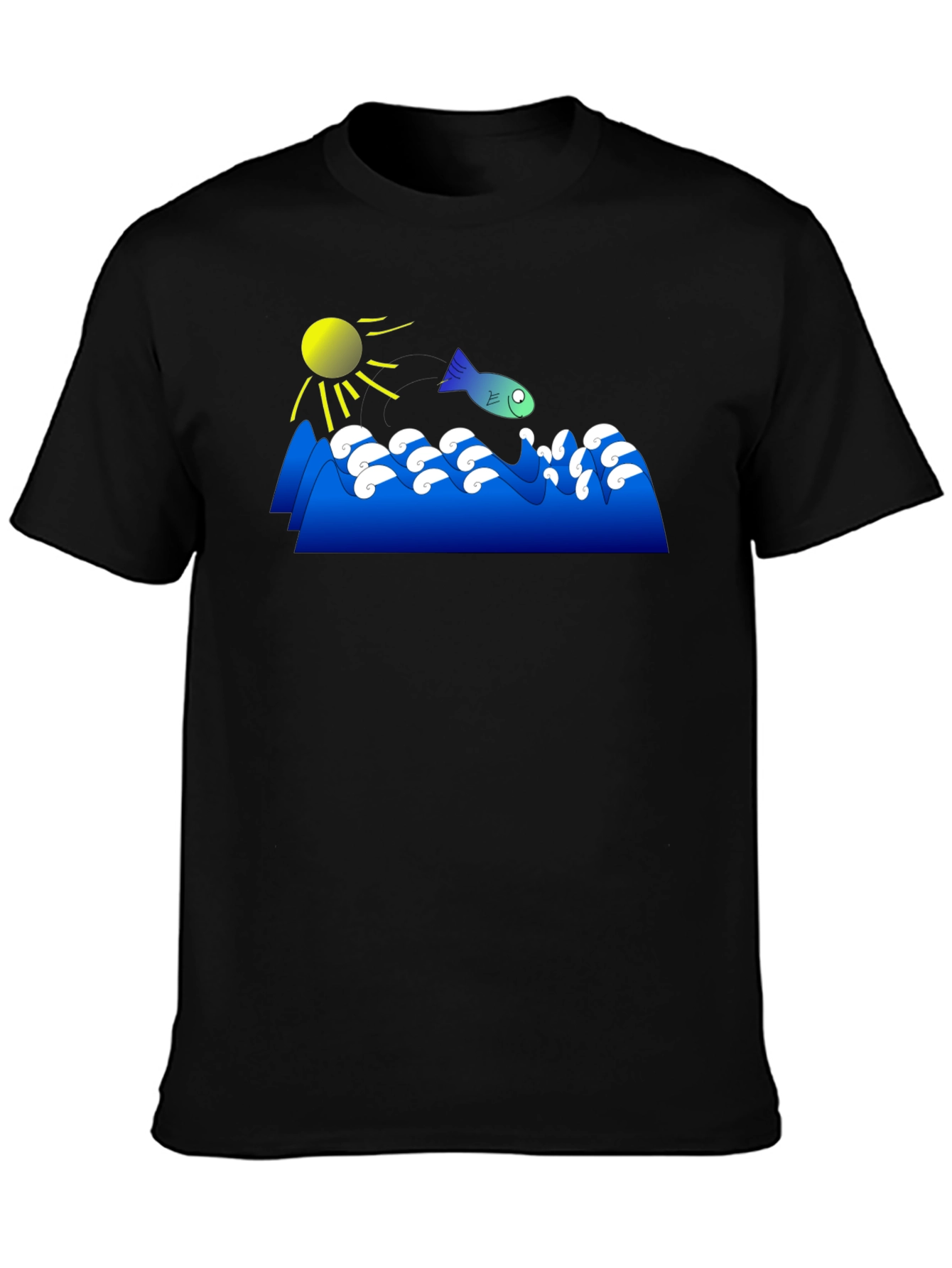 Cartoon Fish Jumping Waves Graphic Black T-Shirt